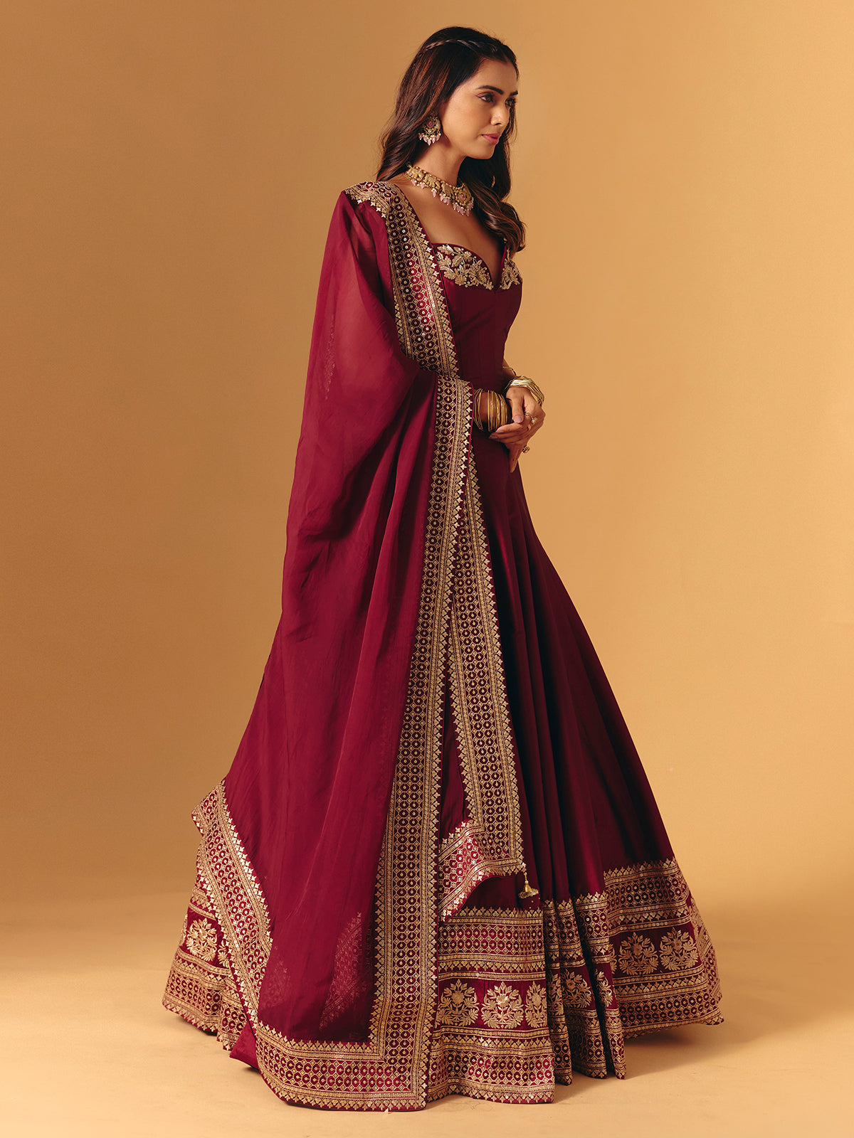 Maroon silk designer zardosi worked lehenga choli