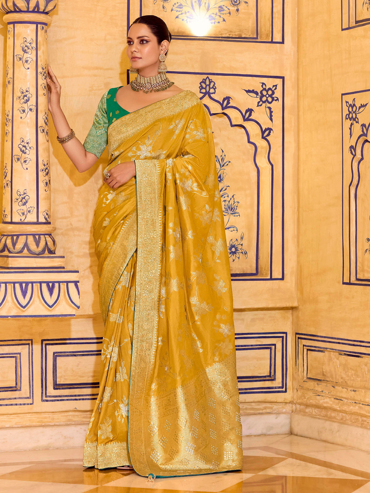 Bright yellow banarasi crepe silk saree