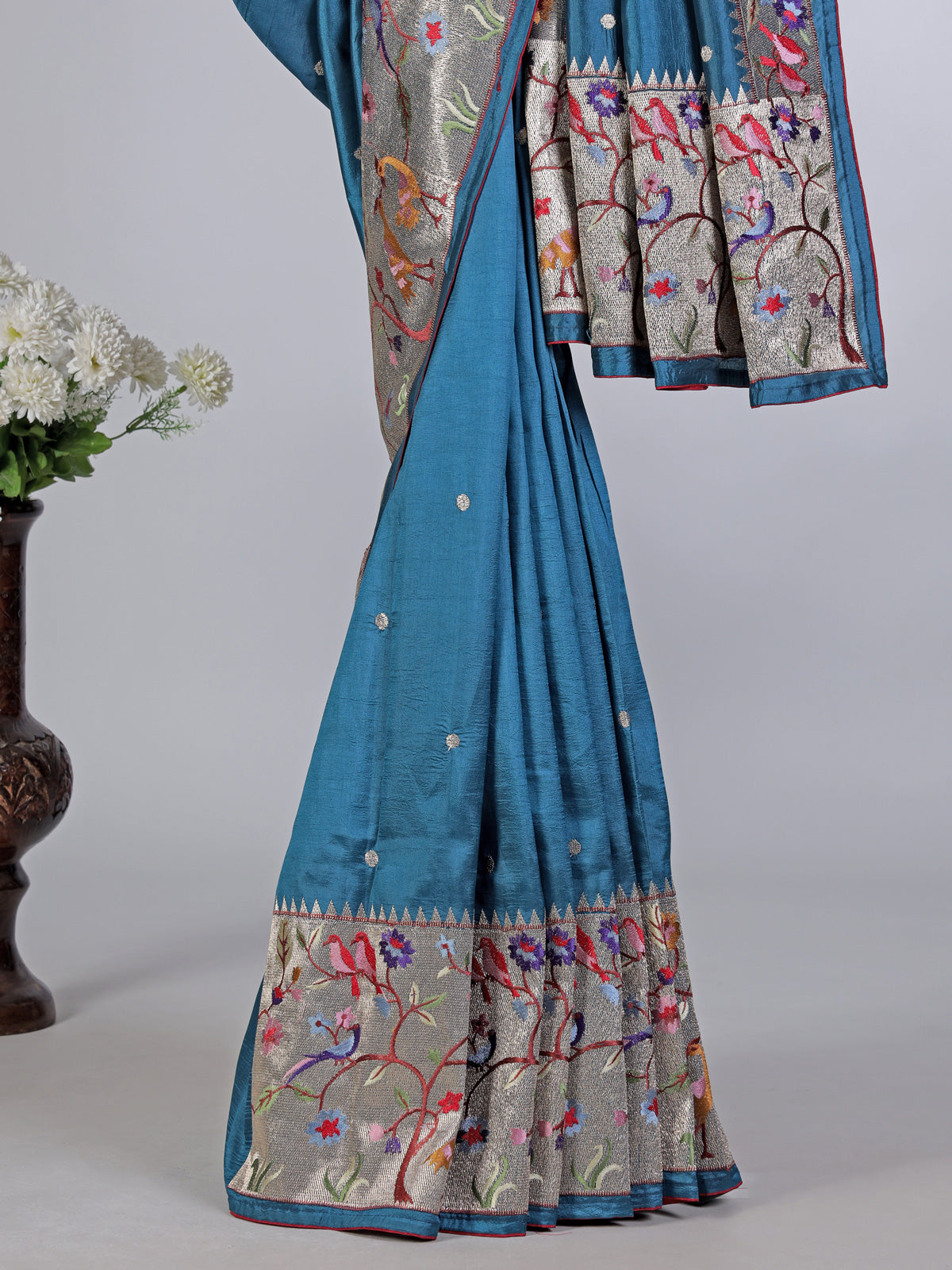 Aqua dola silk saree with elegant zari embroidery work