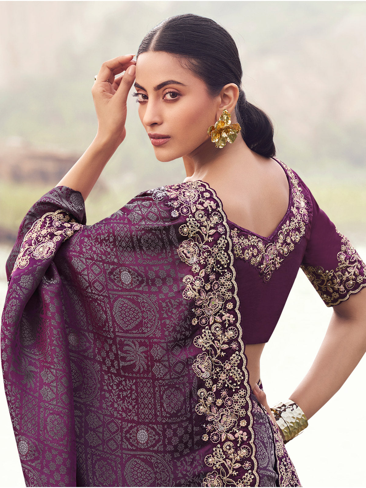 Wine satin silk bridal saree