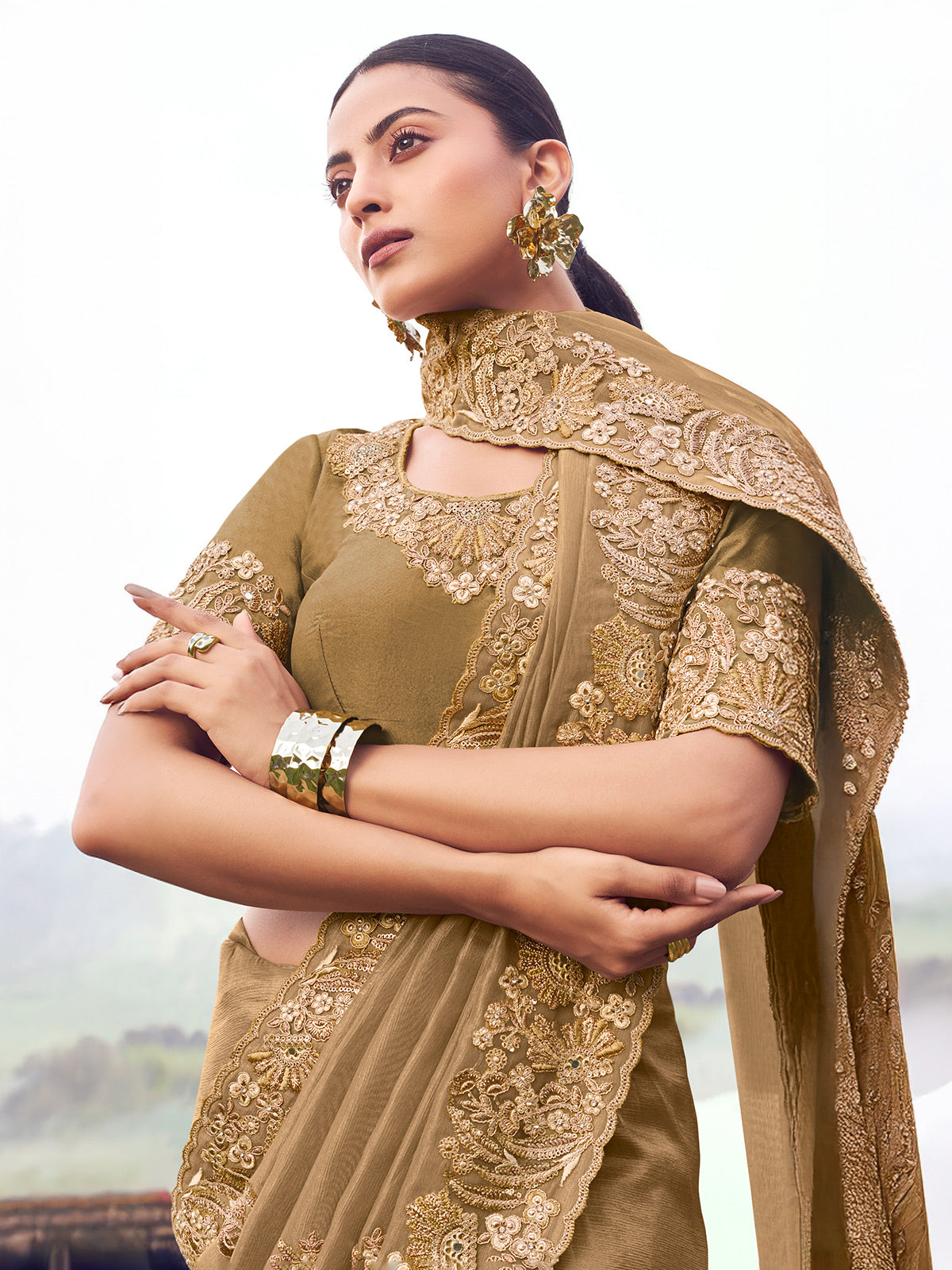 Olive banarasi silk designer saree
