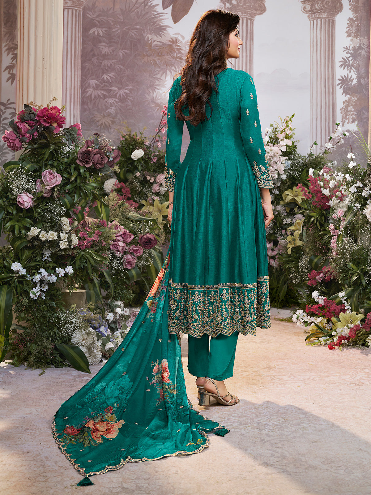 Rama green silk anarkali suit with printed dupatta