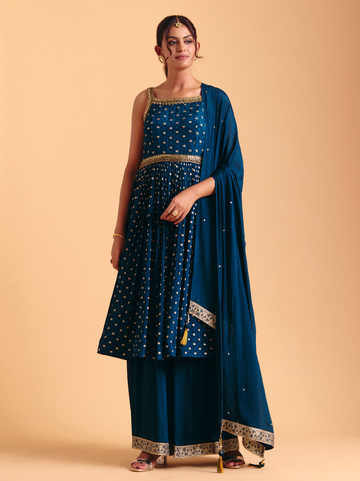 Navy silk palazzo suit for festive celebration