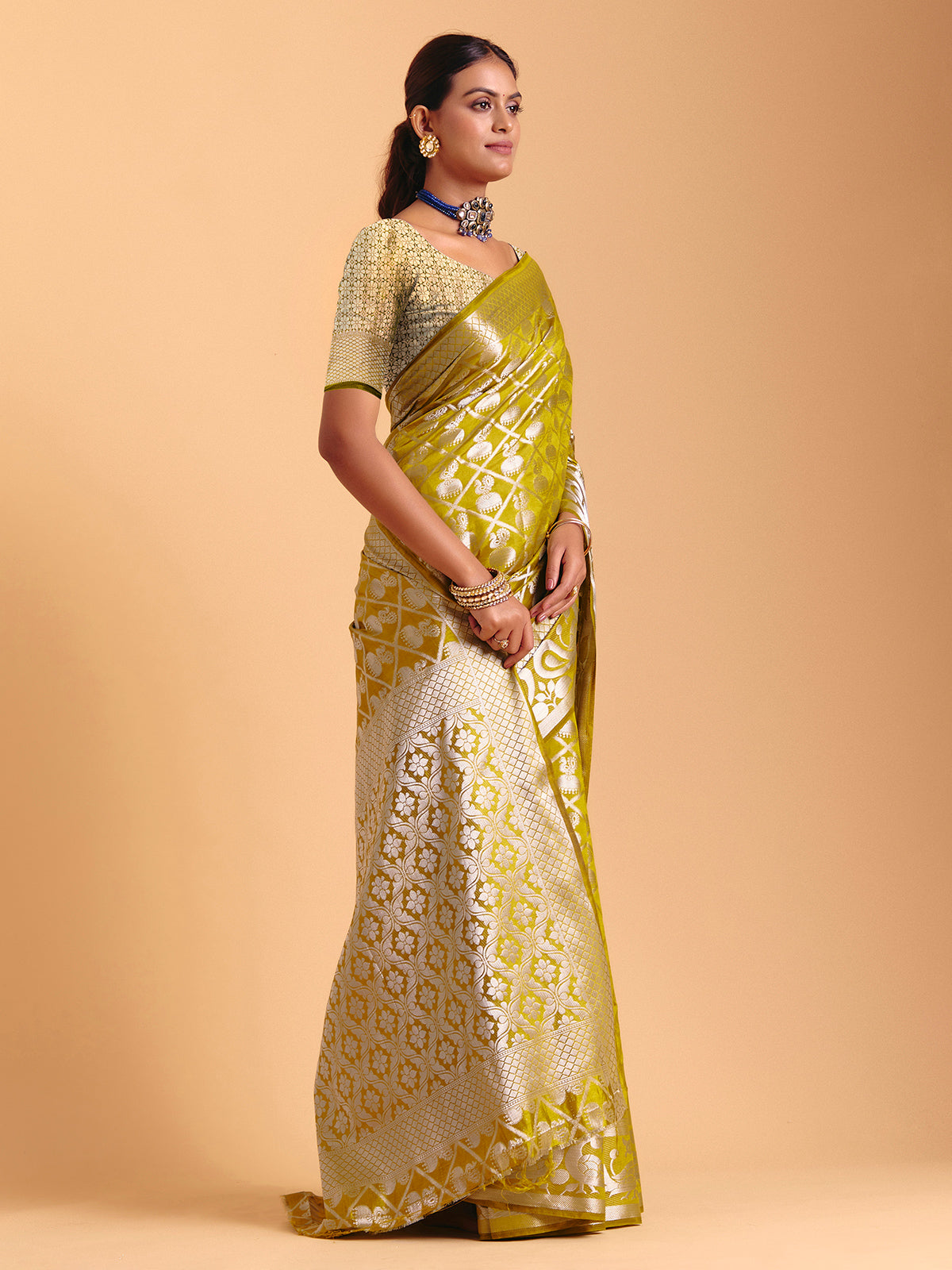 Mehendi yellow festive wear silk saree