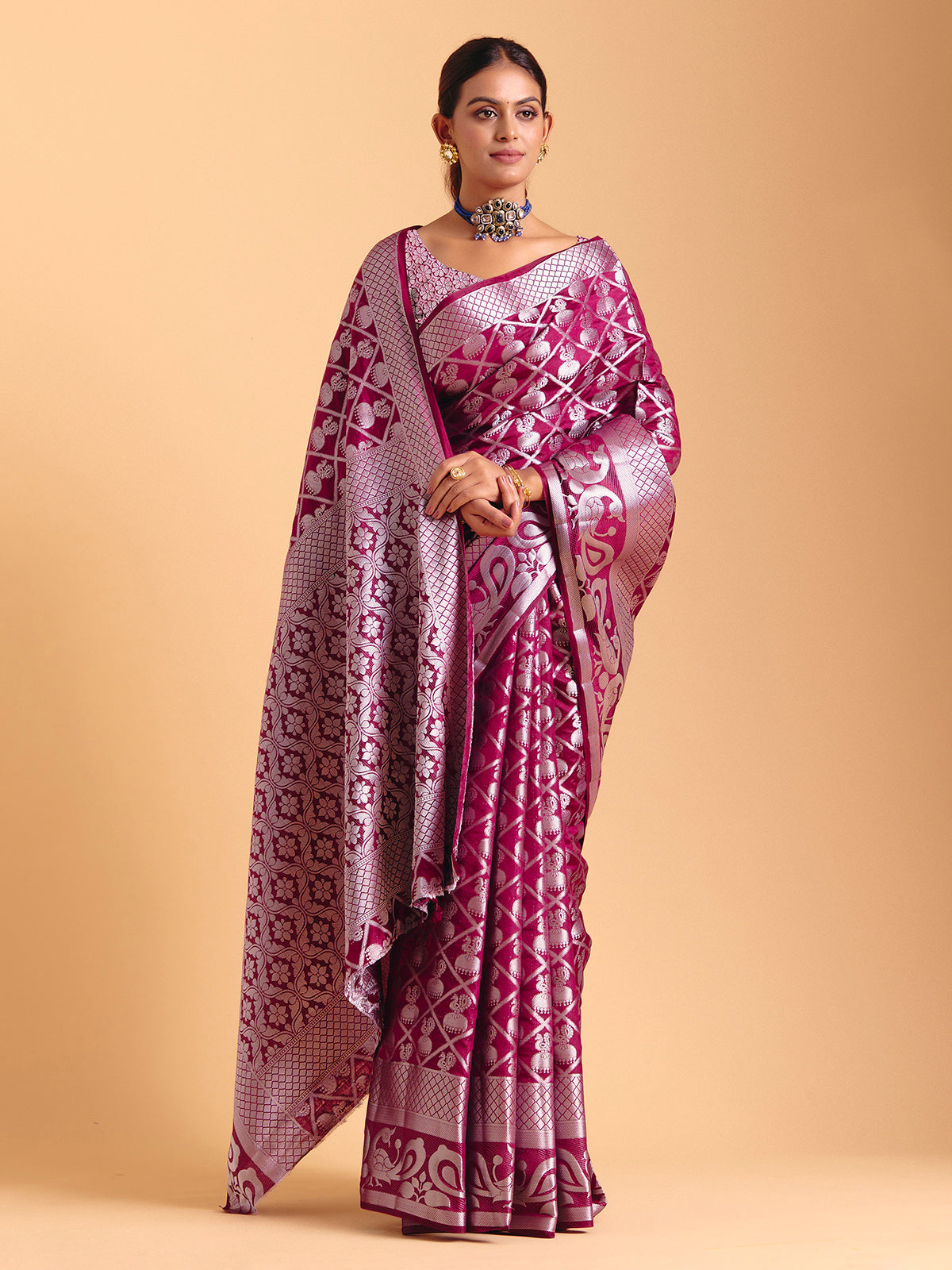 Wine festive wear silk saree with zari work
