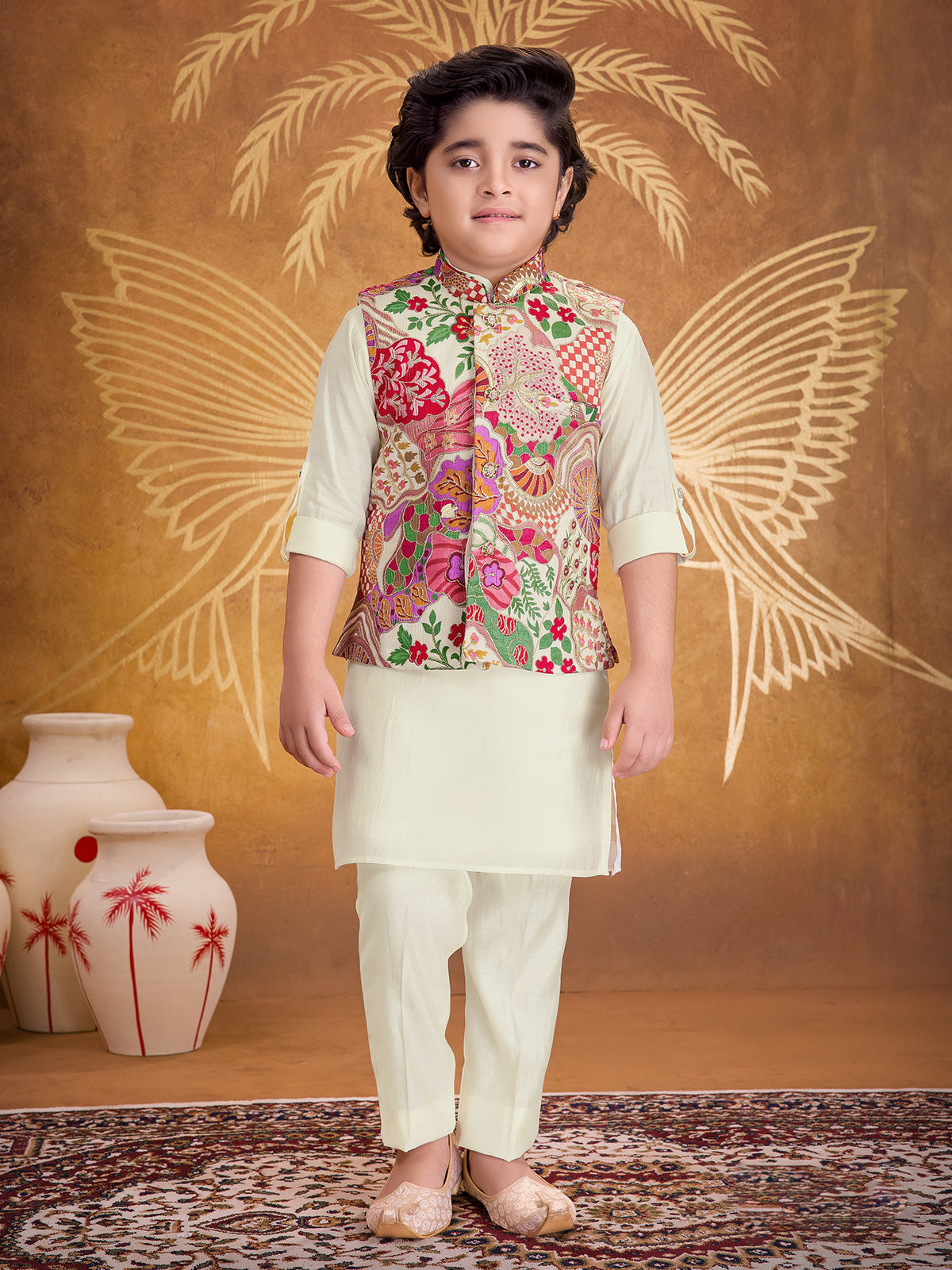 Cream printed silk waistcoat set with resham detailing