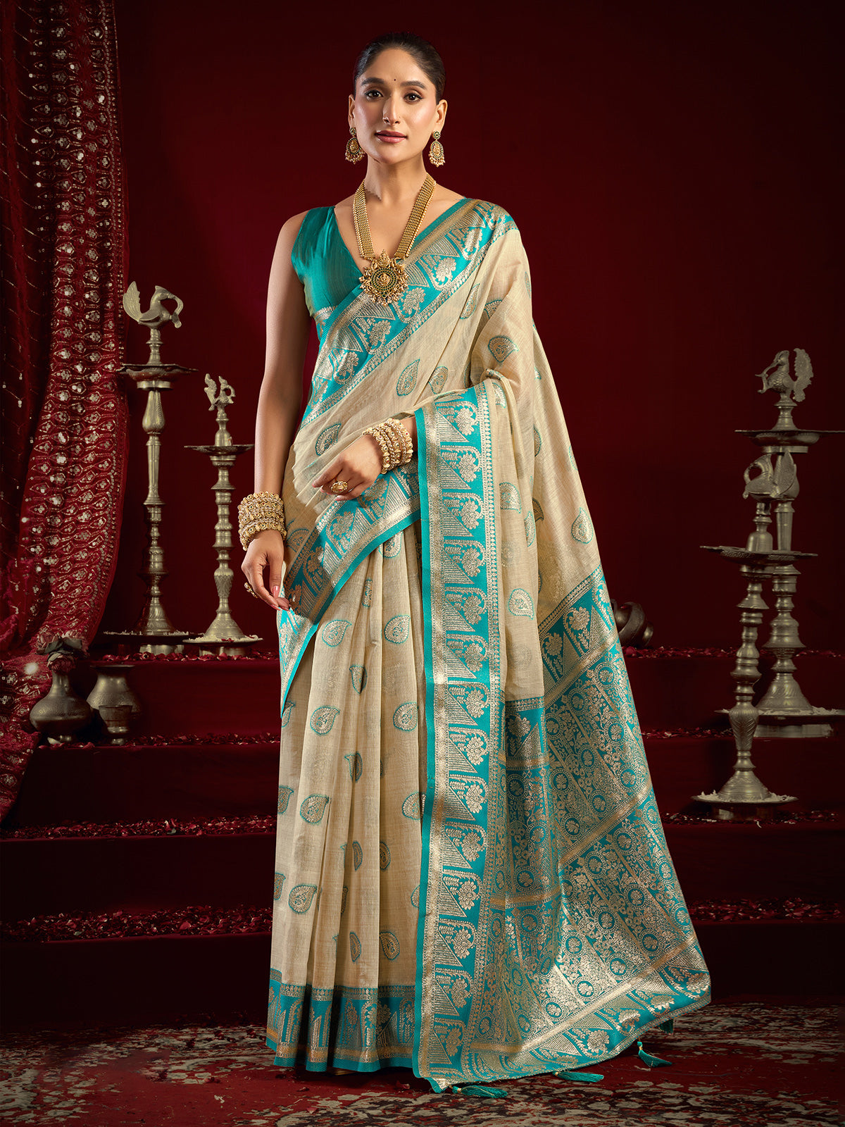 Beige modal silk banarasi zari saree
