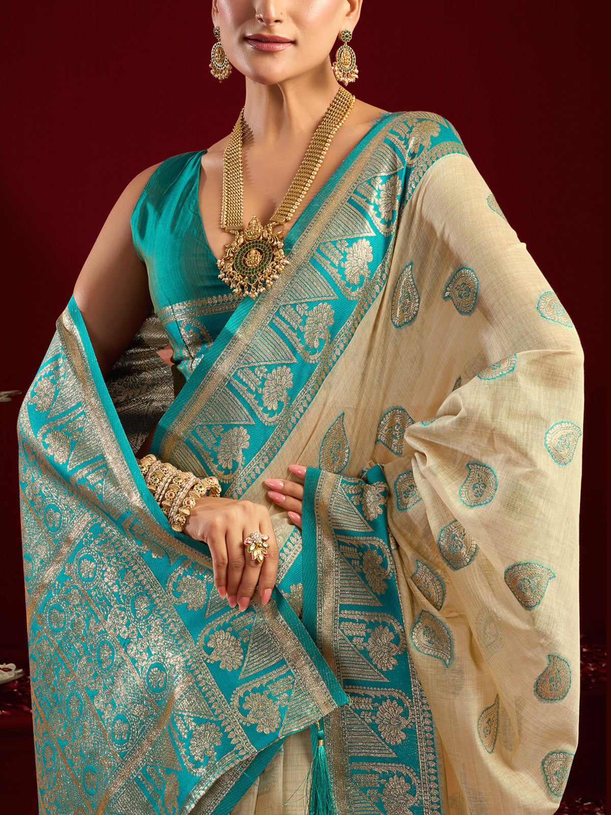 Beige modal silk banarasi zari saree