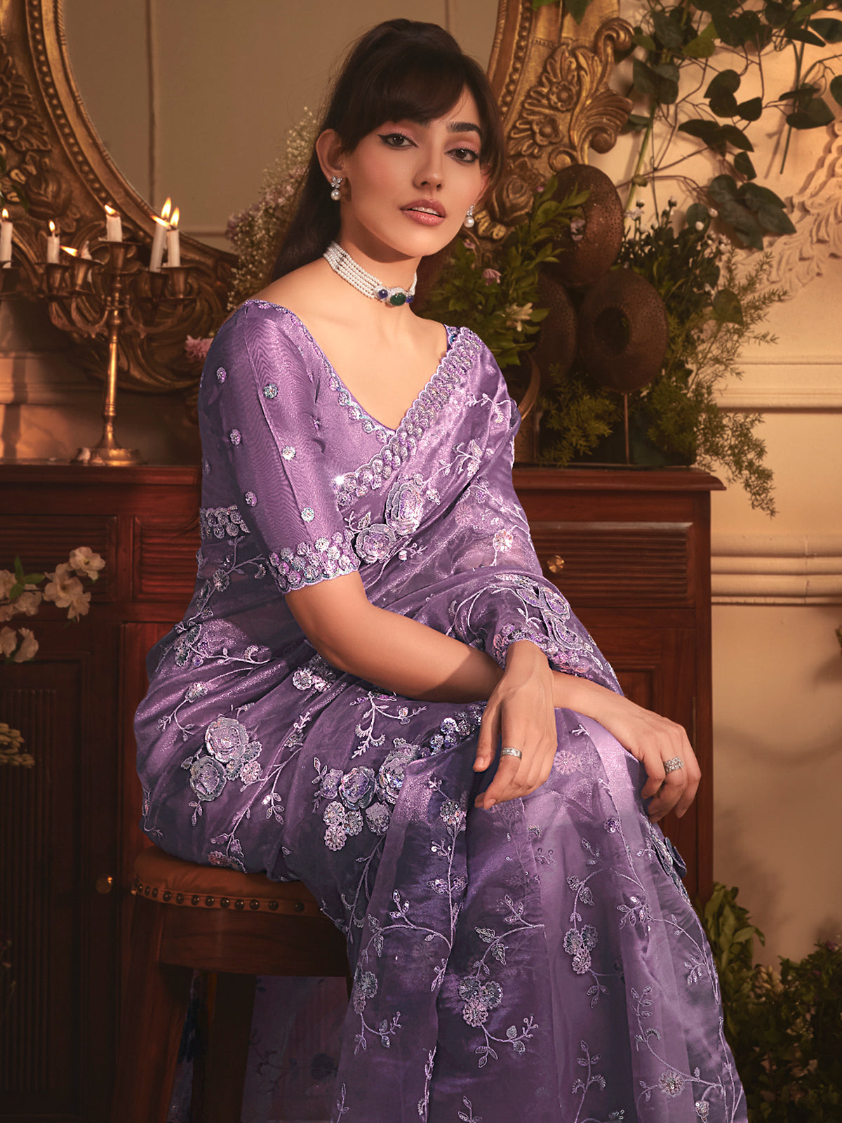 Purple tissue organza saree with sequins work