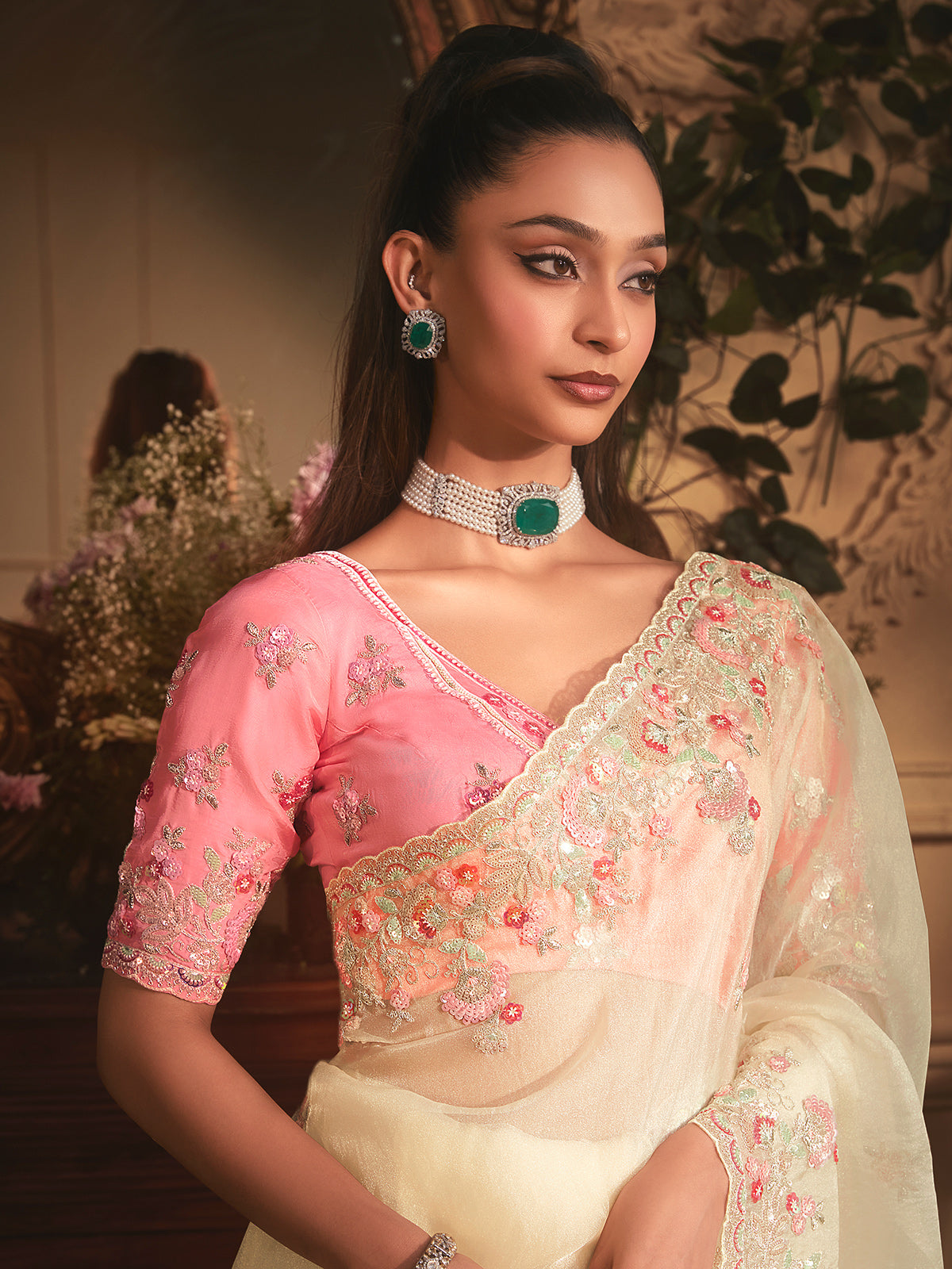 Cream tissue organza saree for reception wear