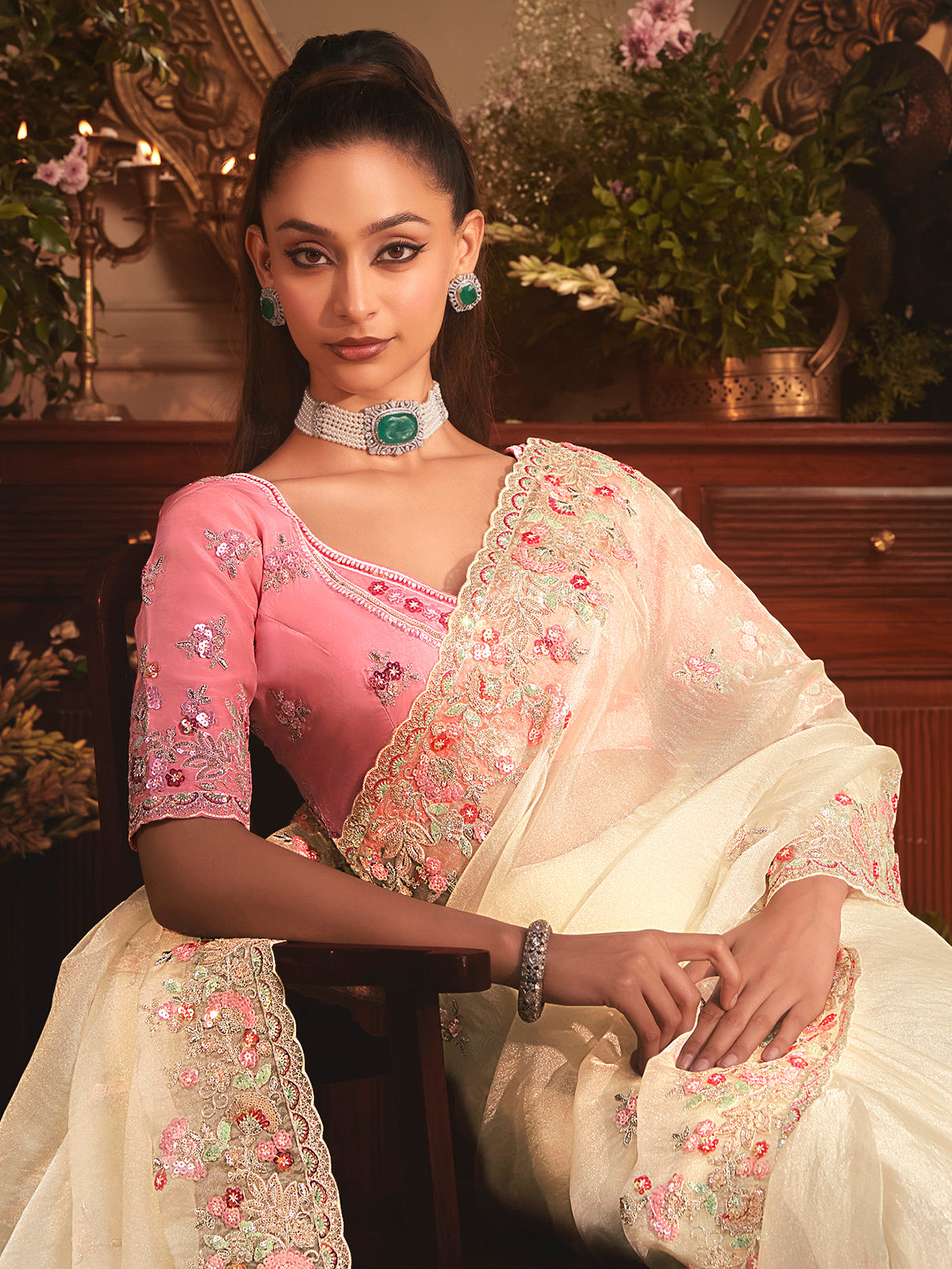 Cream tissue organza saree for reception wear