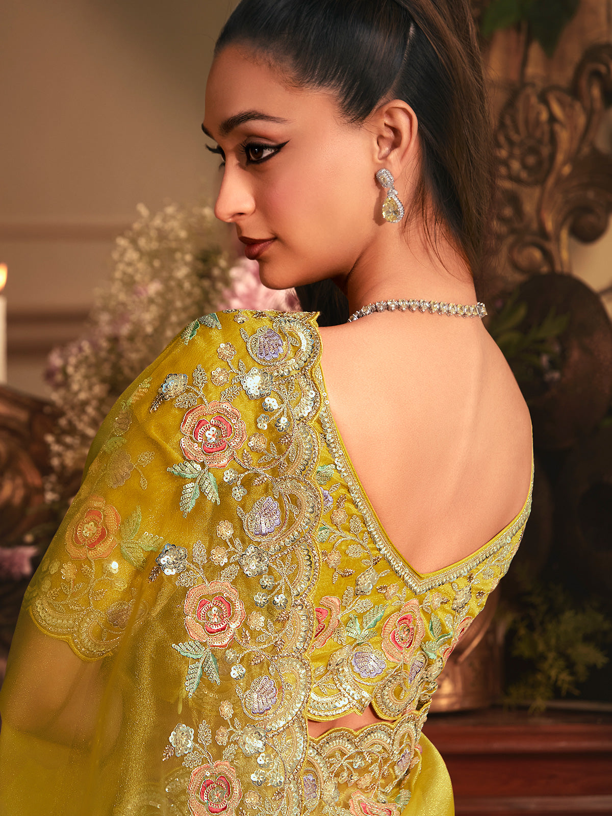 Yellow tissue organza wedding wear saree