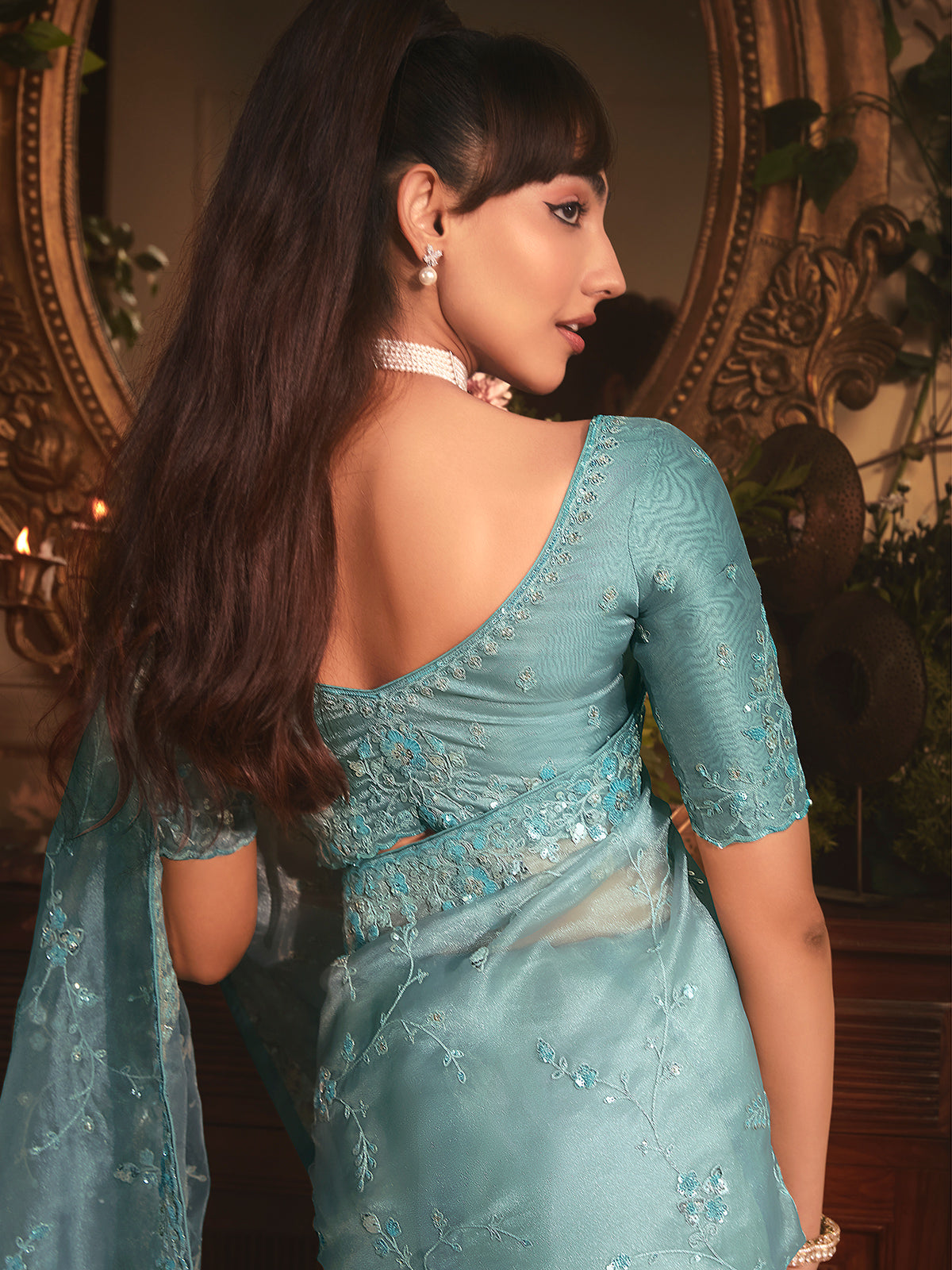 Mint blue tissue organza saree for party wear