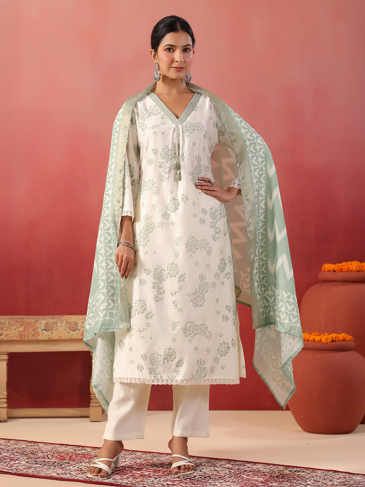 Pista green floral printed silk kurti set