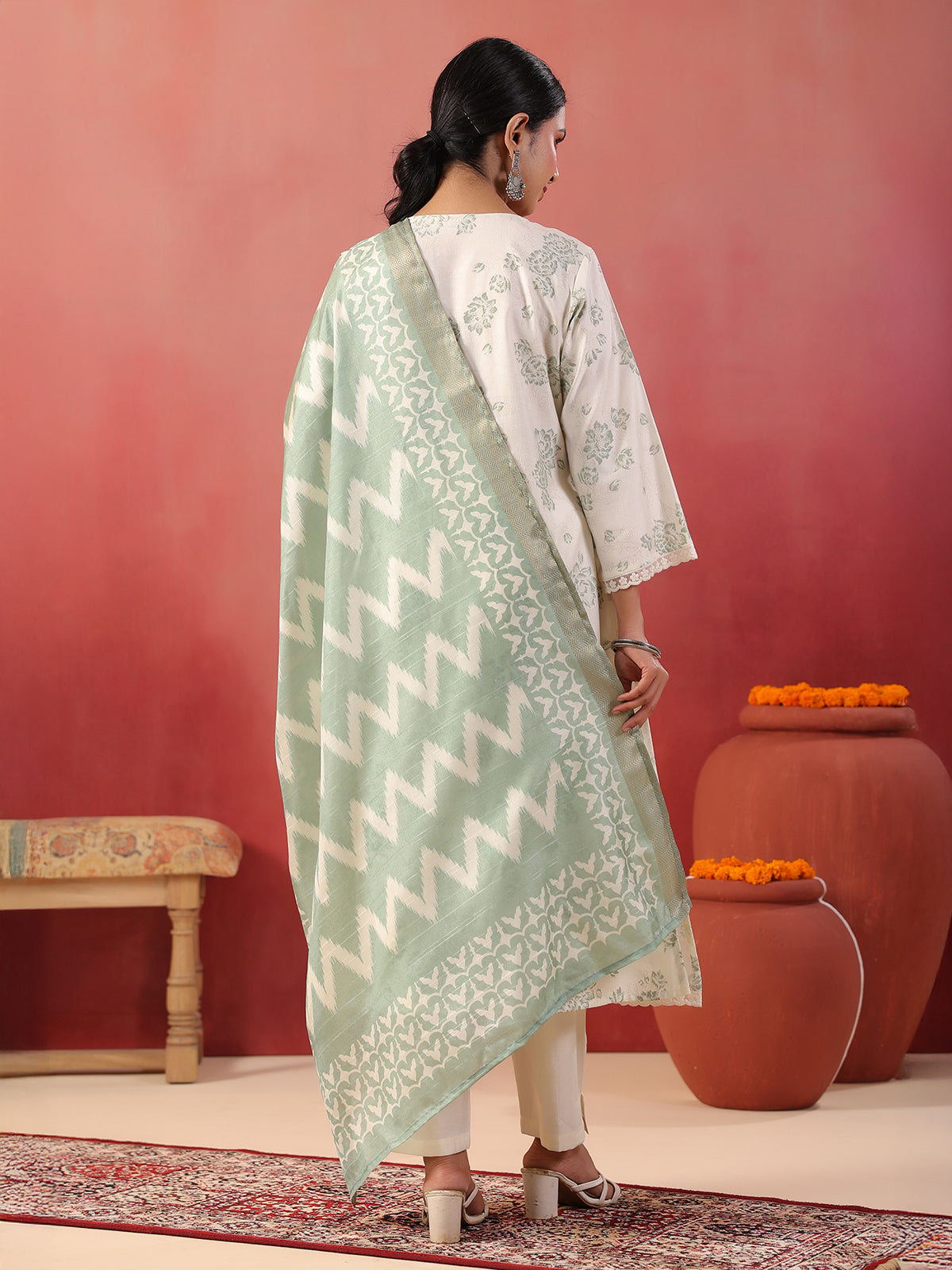 Pista green floral printed silk kurti set