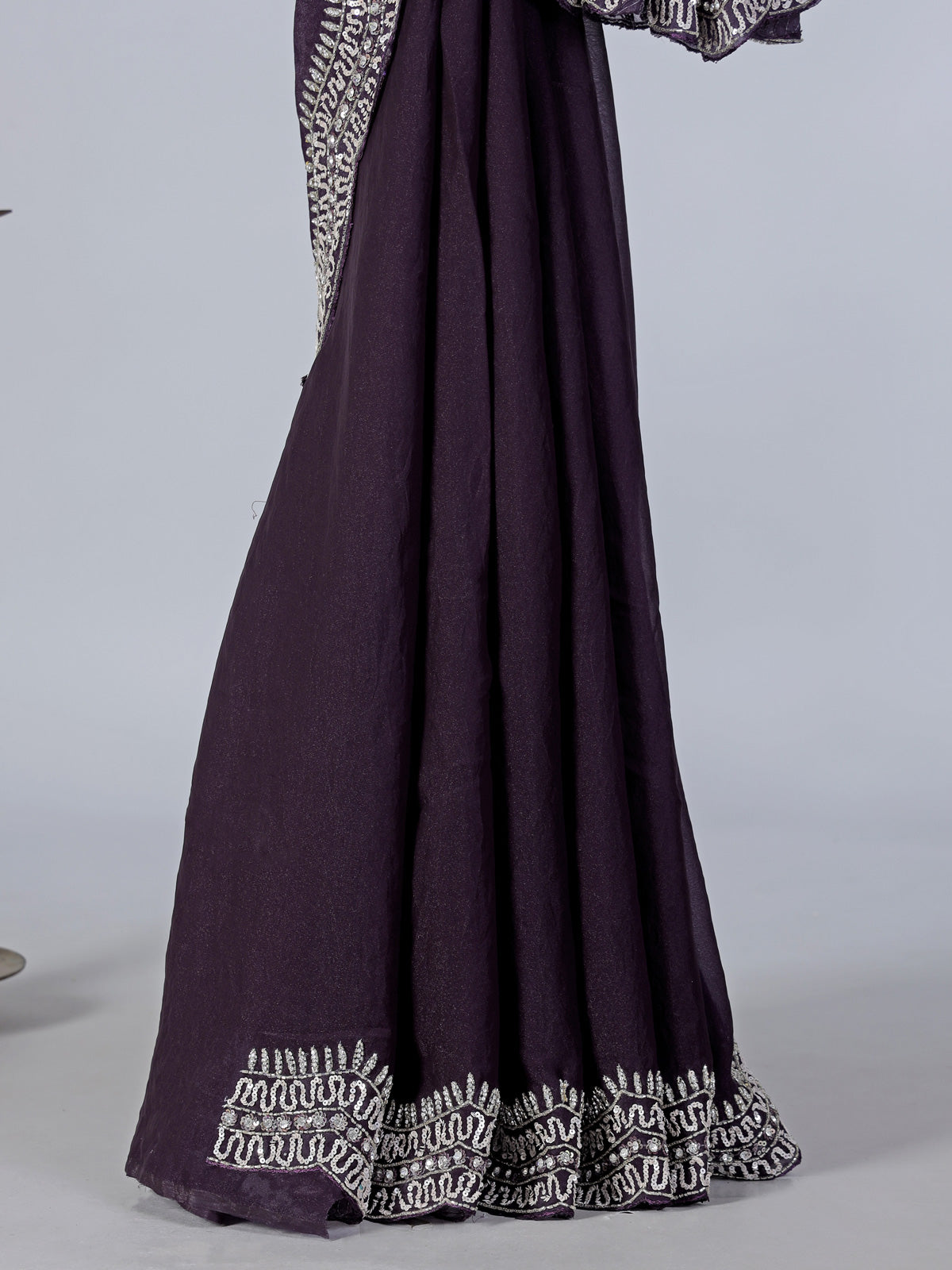 Dark purple dola silk saree with cutdana and diamond detailing