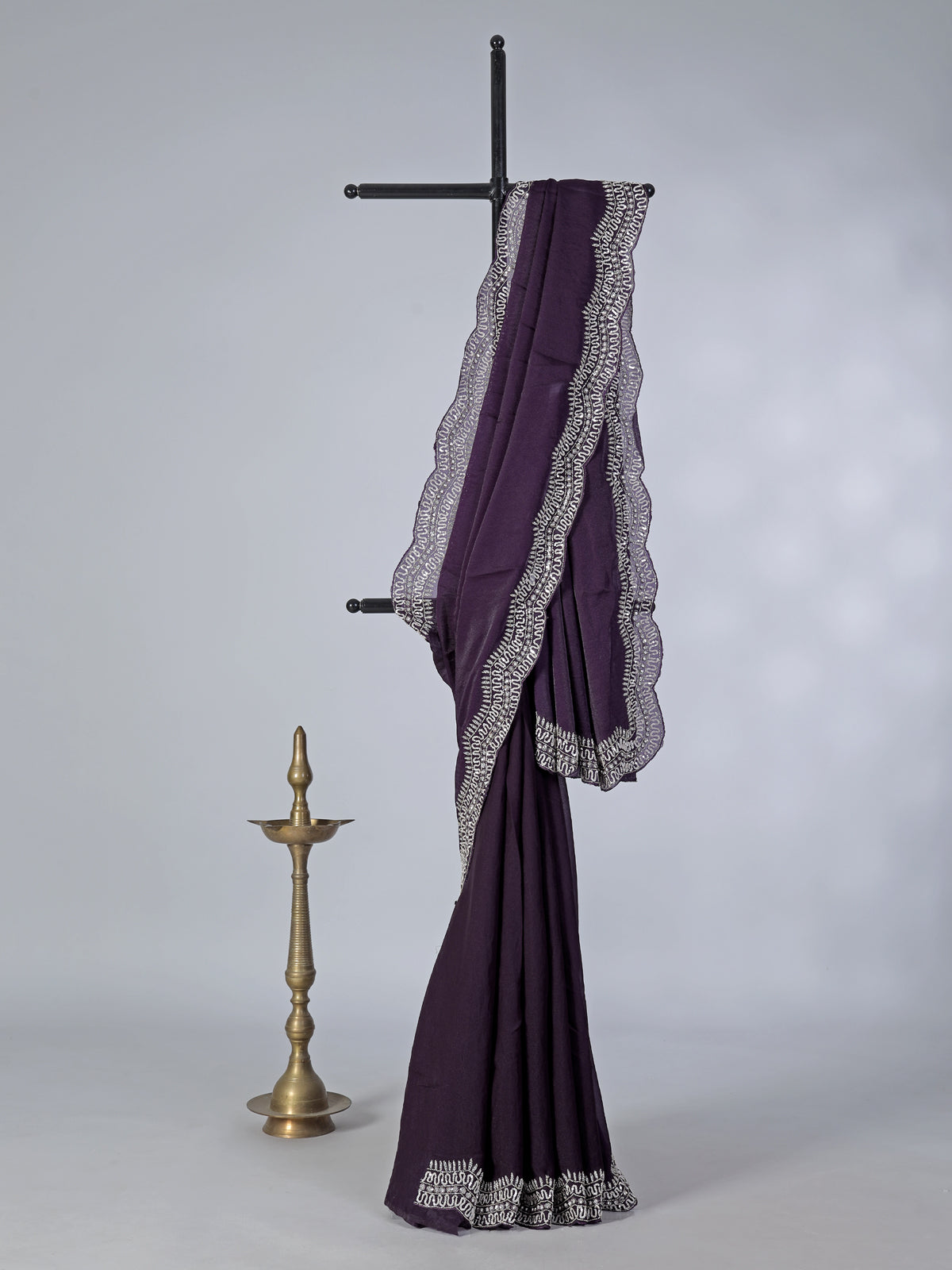 Dark purple dola silk saree with cutdana and diamond detailing