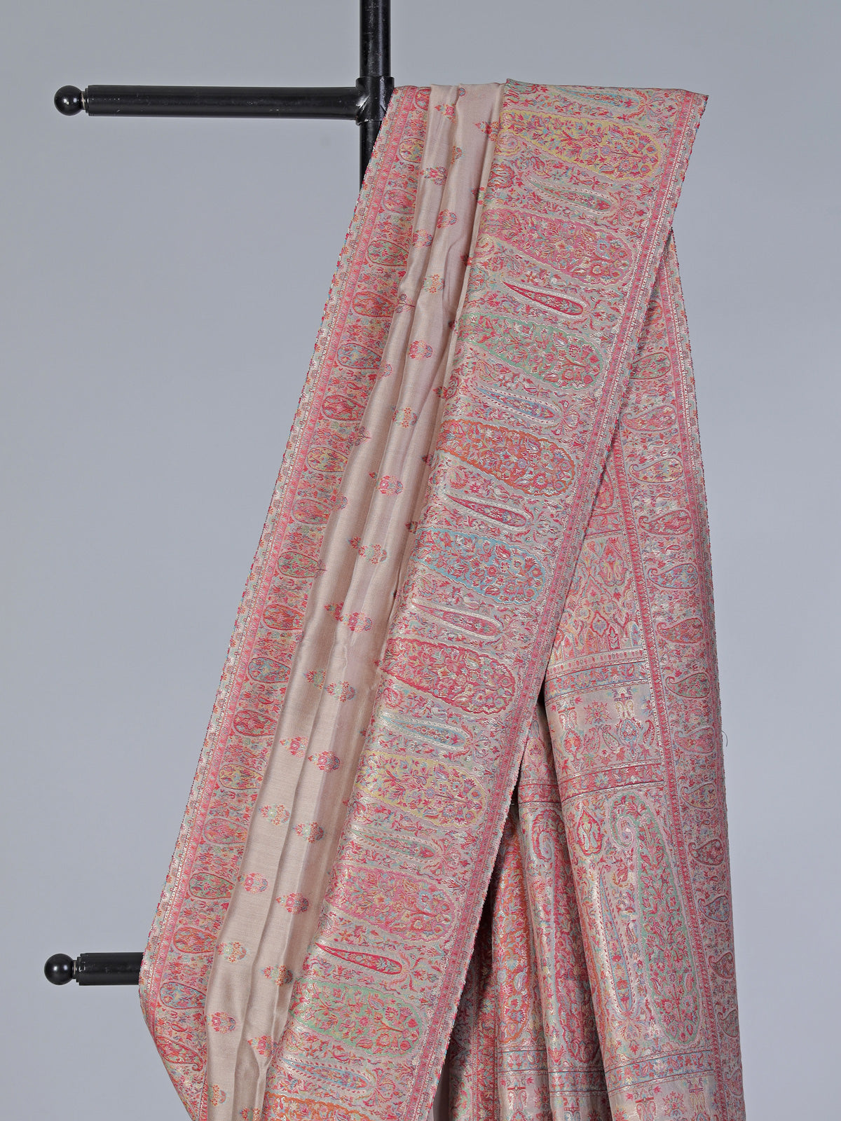 Beige pashmina silk saree with zari motifs