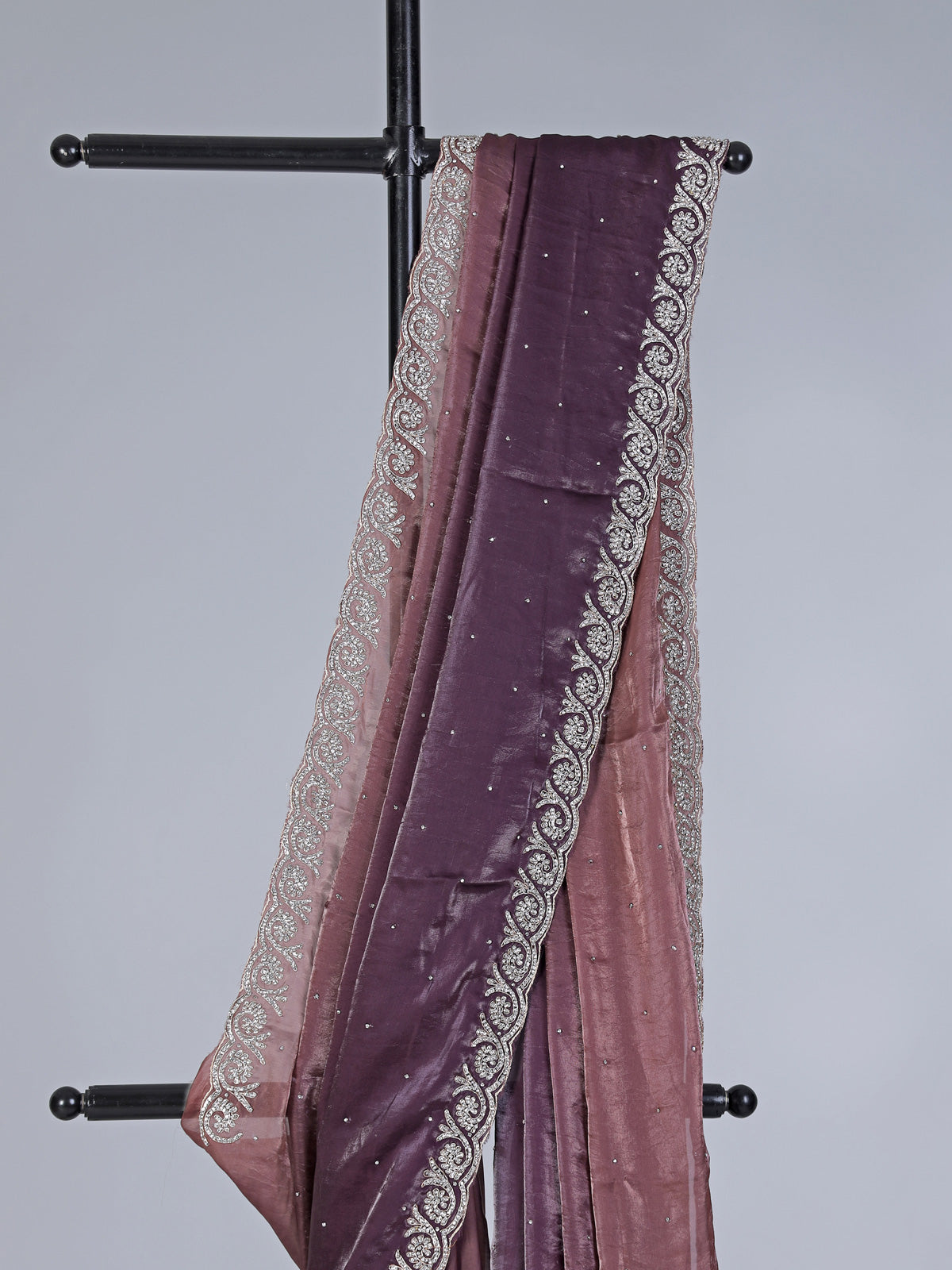Dark purple semi tissue silk saree with zardosi diamond work