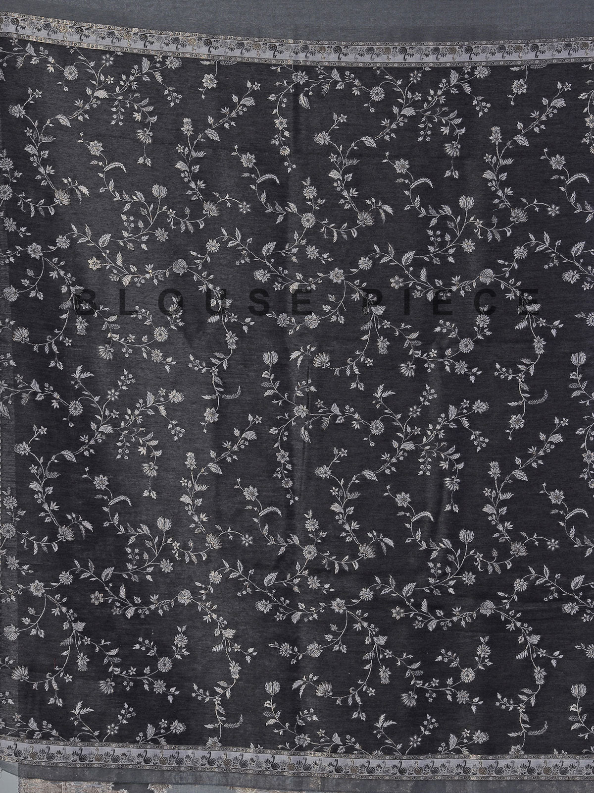 Charcoal black printed pashmina silk saree for festive events