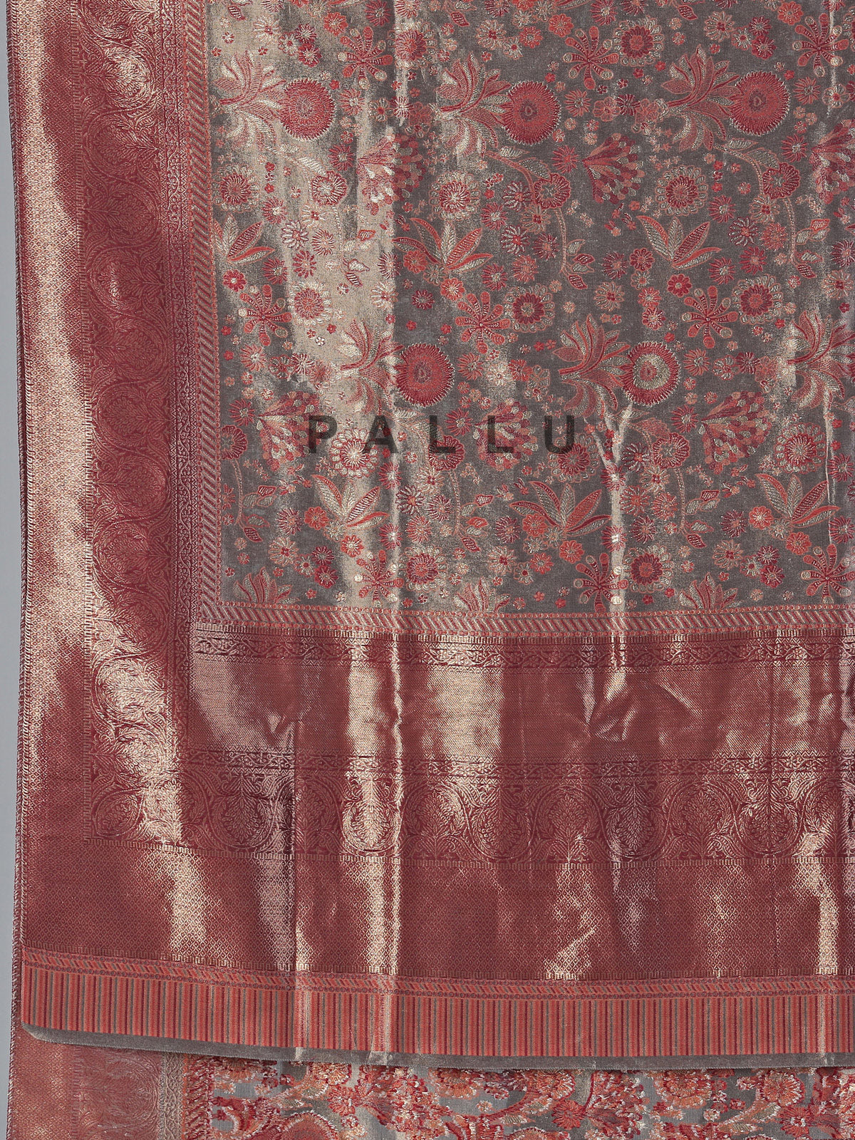 Grey pashmina silk saree with zari motifs design