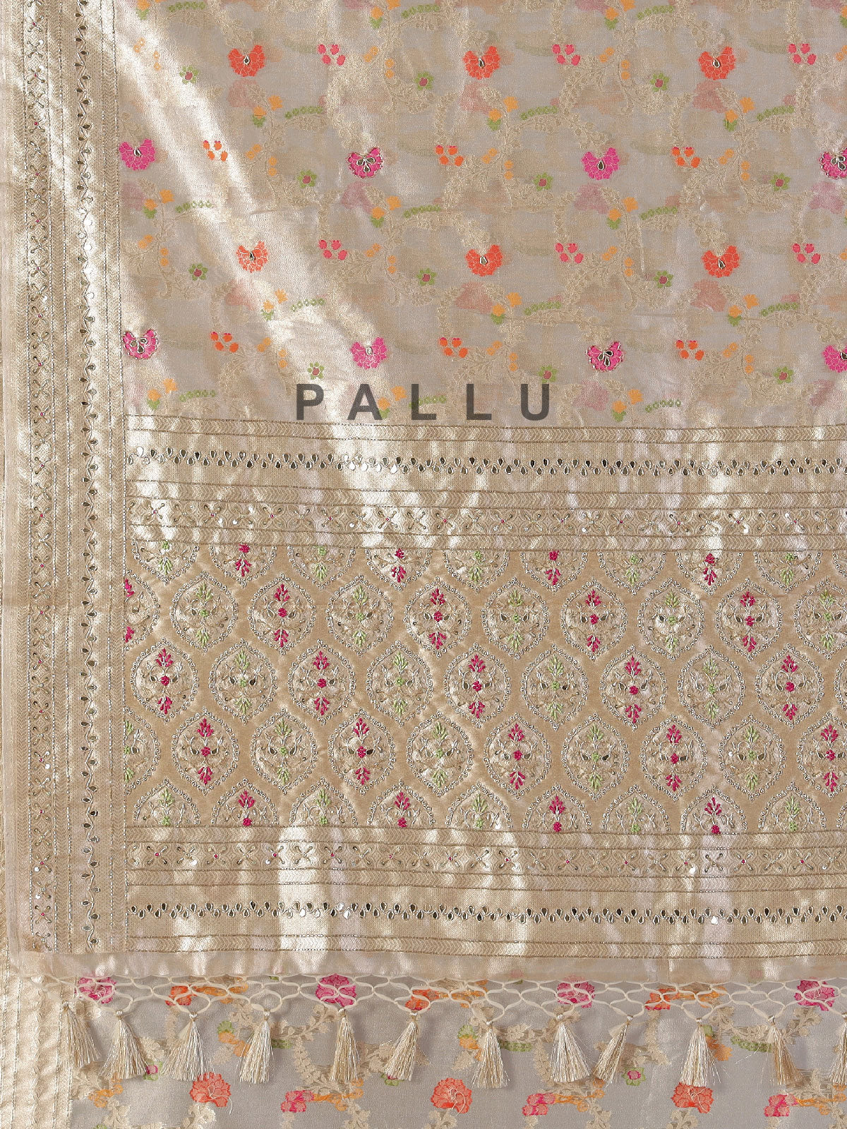 Cream minakari tissue silk saree with colorful motifs