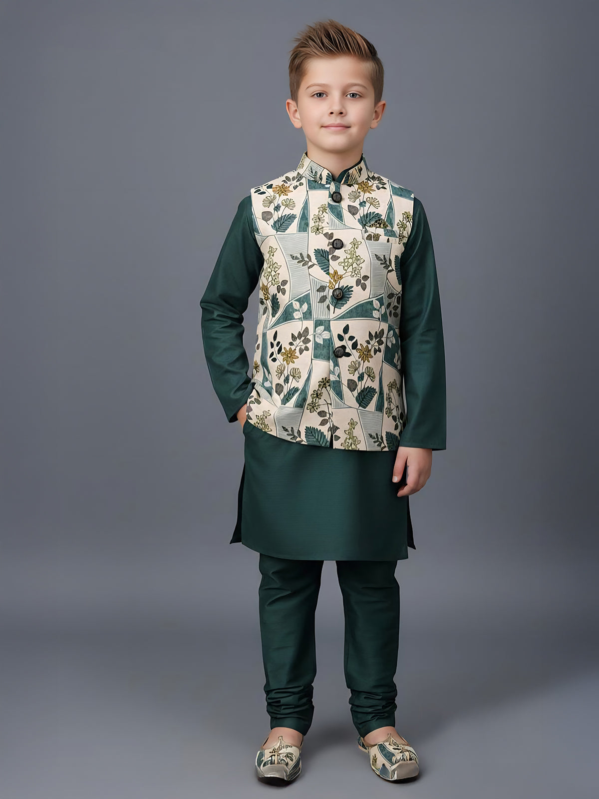 Bottle green floral printed silk blend waistcoat set