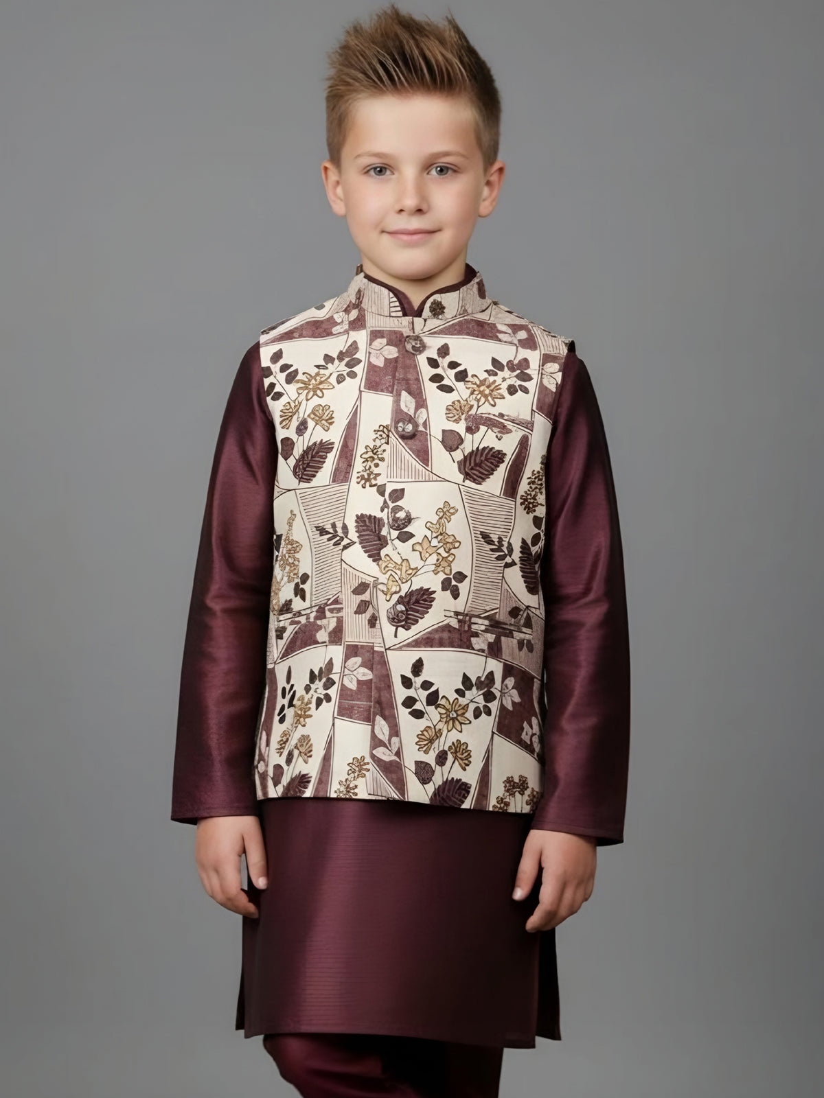 Wine floral printed silk blend waistcoat set
