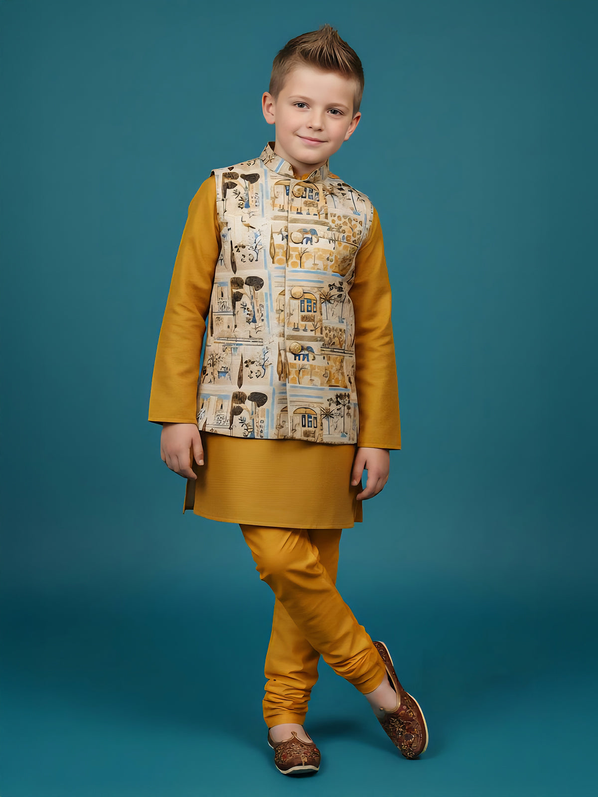 Mustard yellow semi silk waistcoat set with print