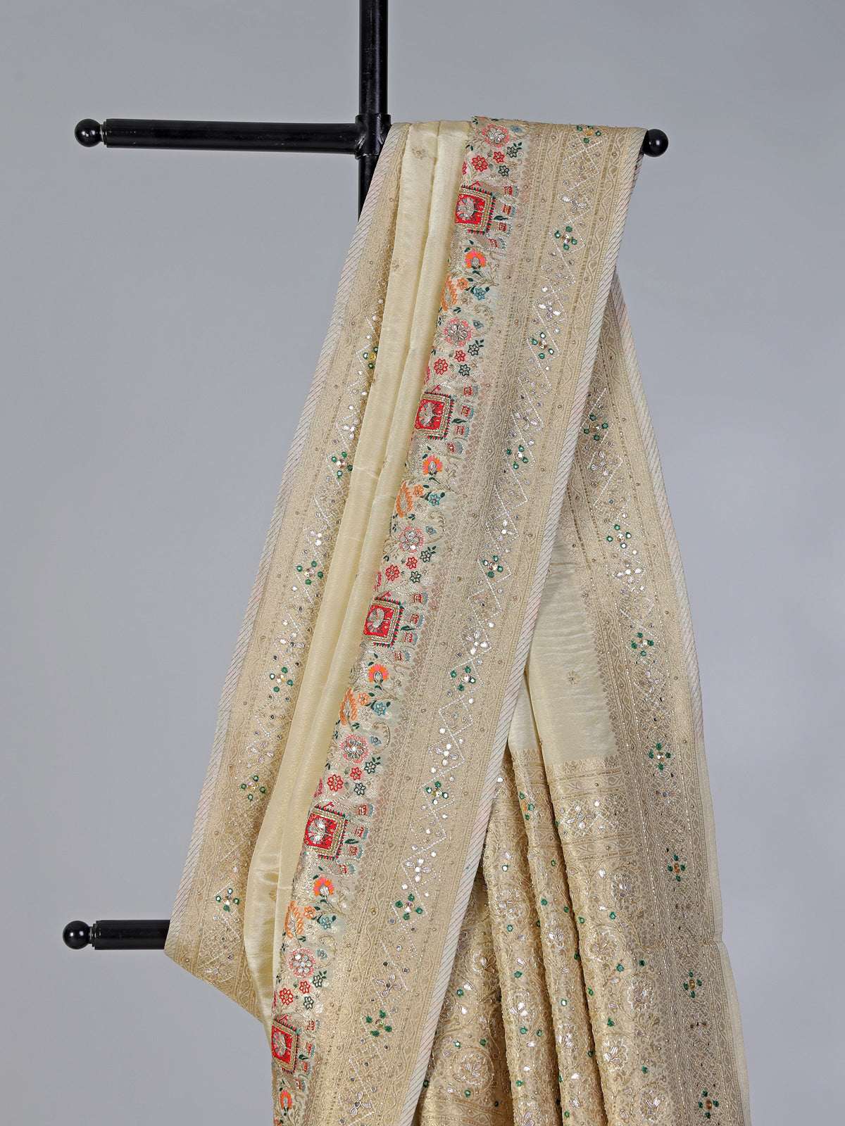 Cream dola silk festive embellished saree