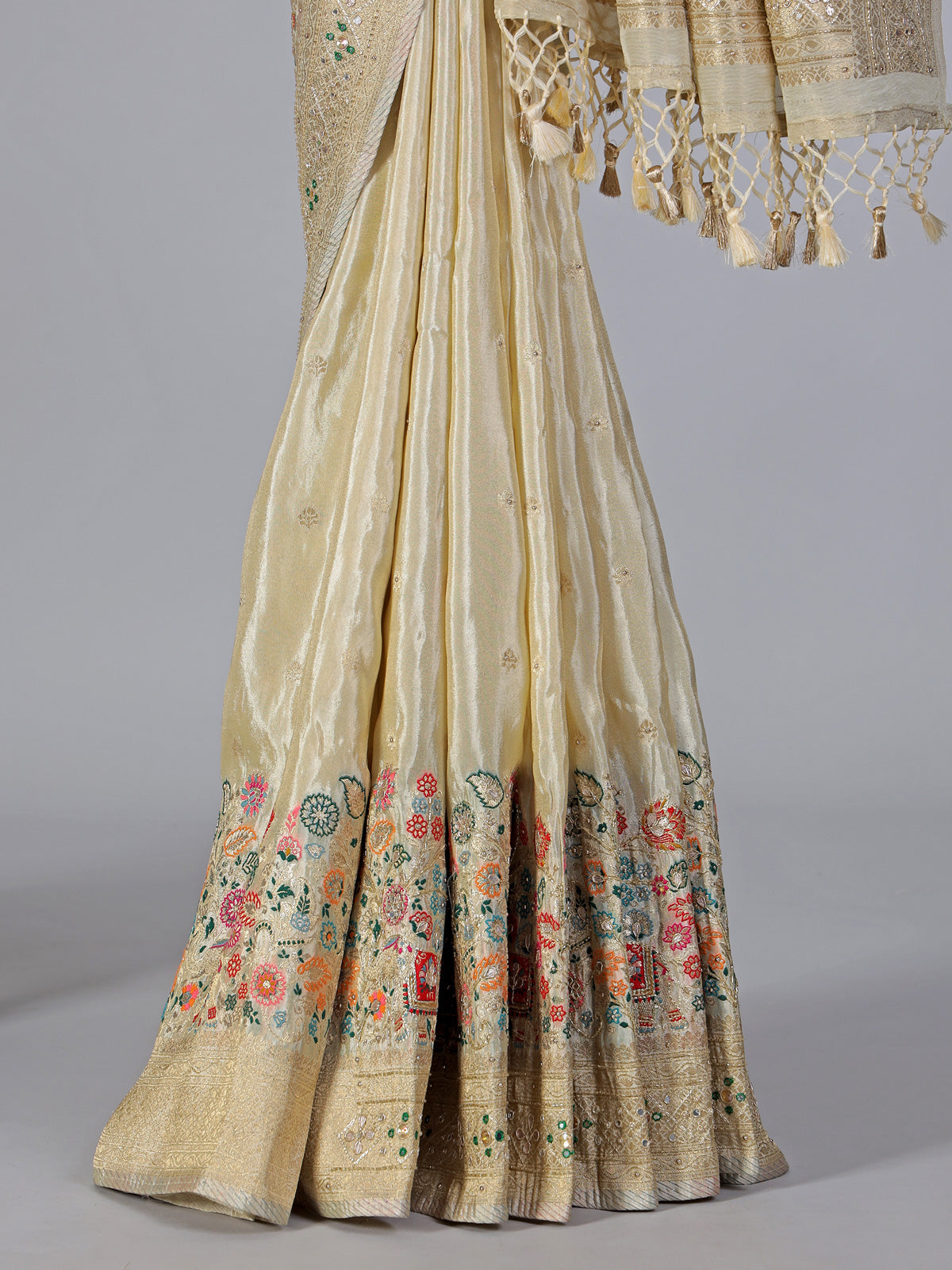 Cream dola silk festive embellished saree