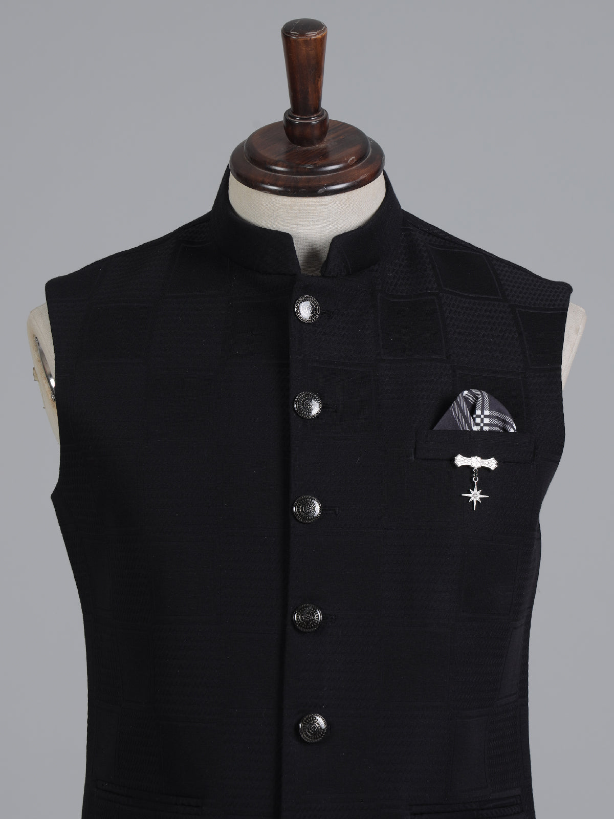 Black textured cotton silk waistcoat