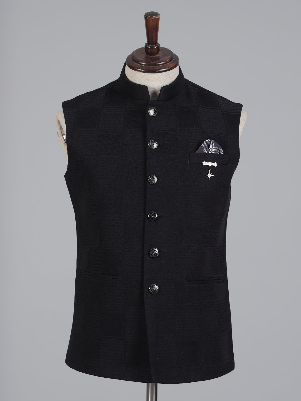 Black textured cotton silk waistcoat