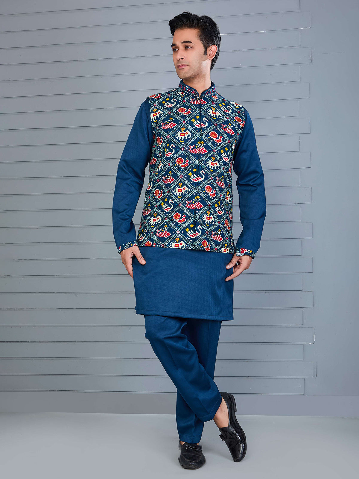 Rama blue bandhej printed viscose silk waistcoat set