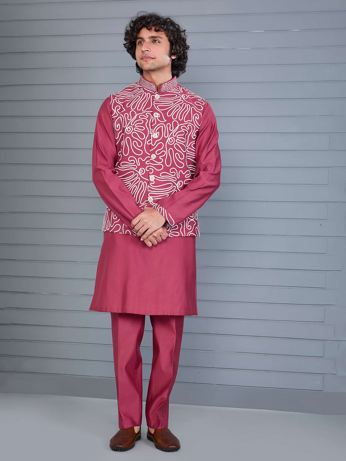 Onion pink silk aabla work waistcoat set