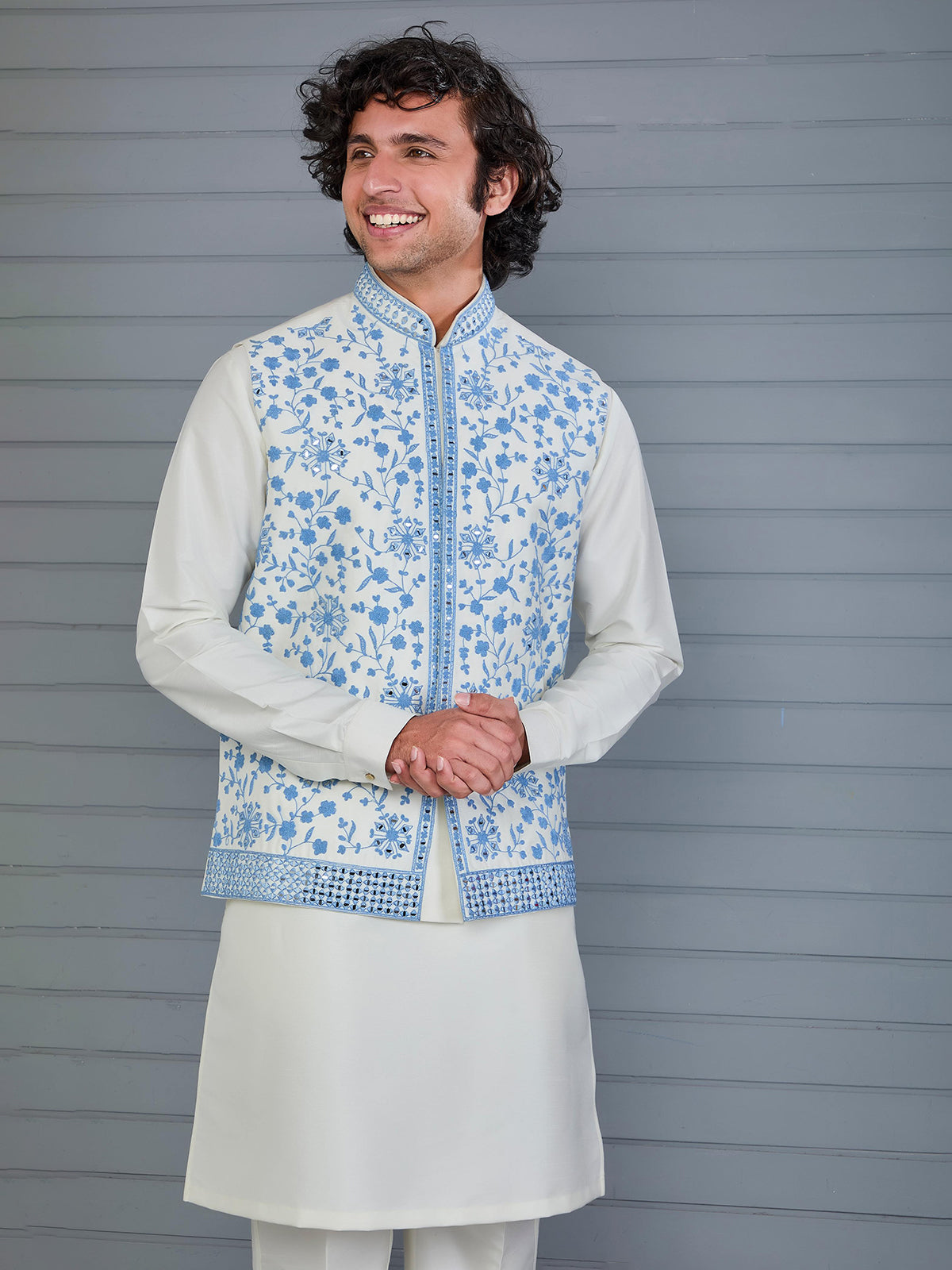 Off white silk embroidered work waistcoat set