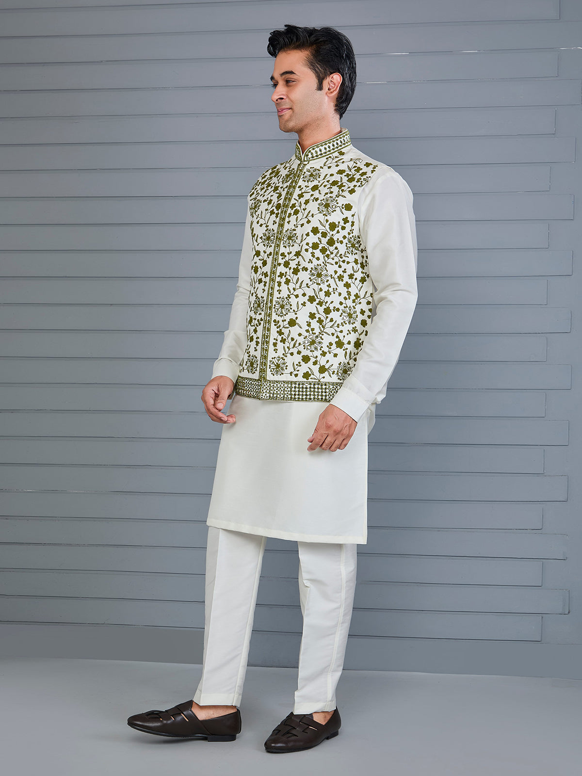 Mehendi green and off white silk waistcoat set