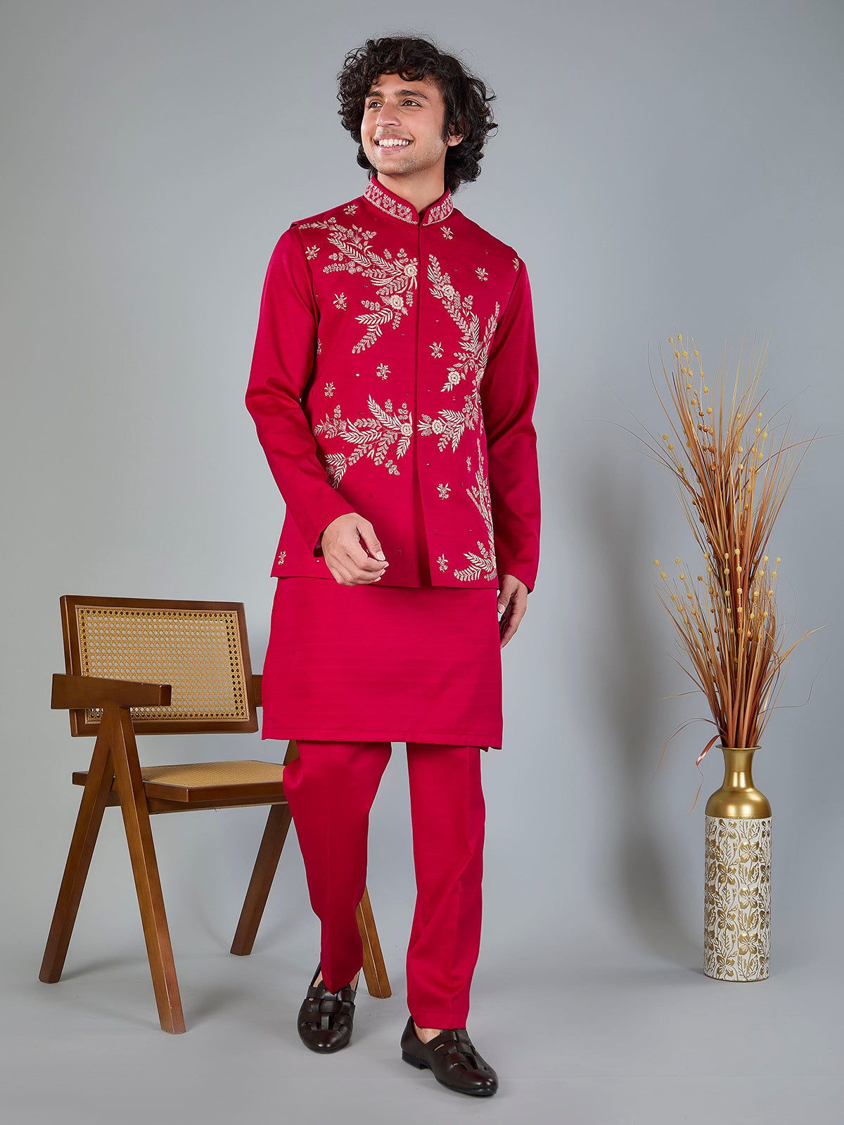 Magenta silk heavy embellished waistcoat set
