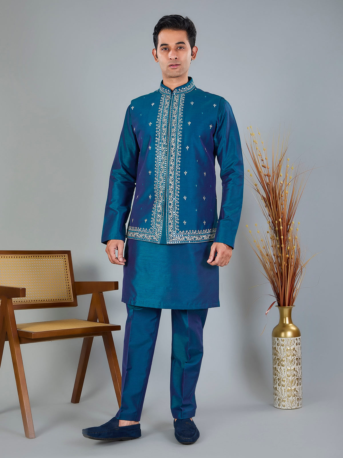 Blue silk embroidered work waistcoat set