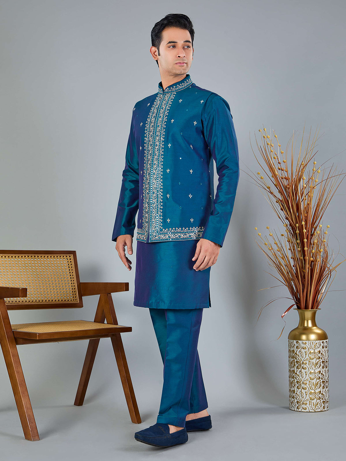 Blue silk embroidered work waistcoat set