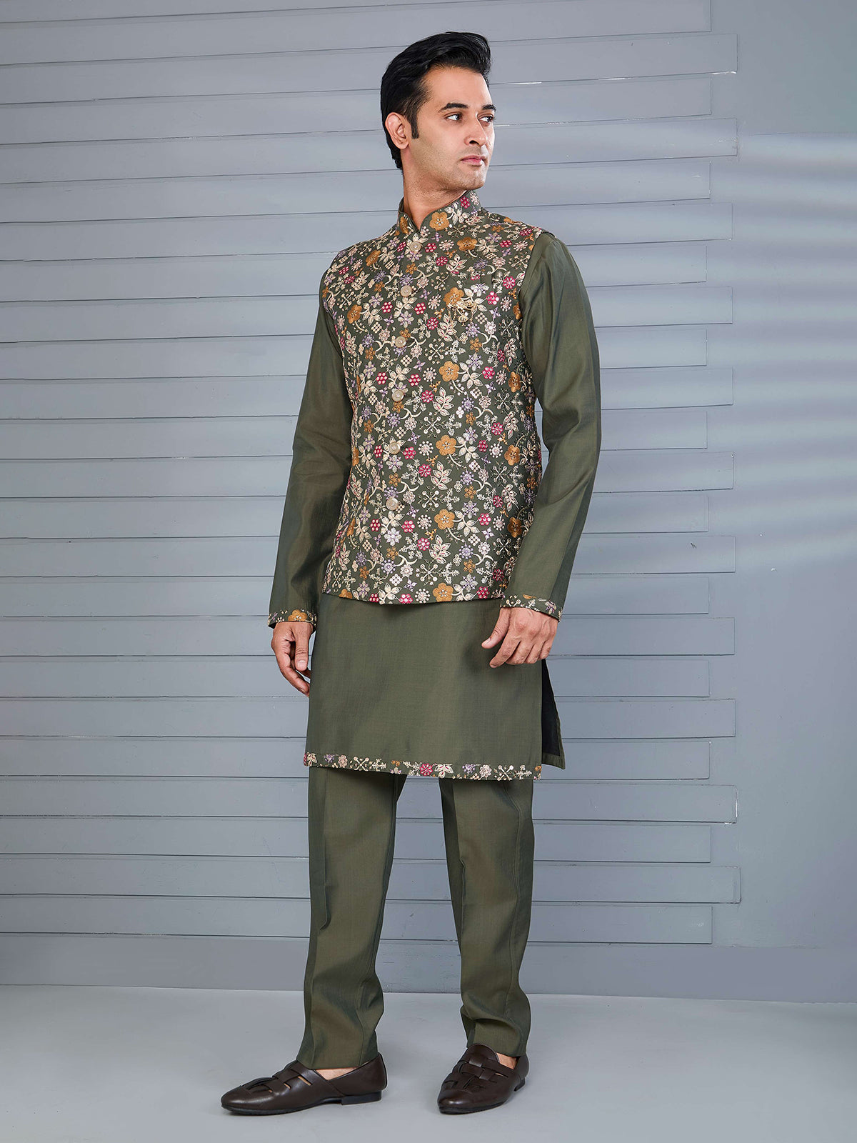Mehendi green silk embroidered work waistcoat set