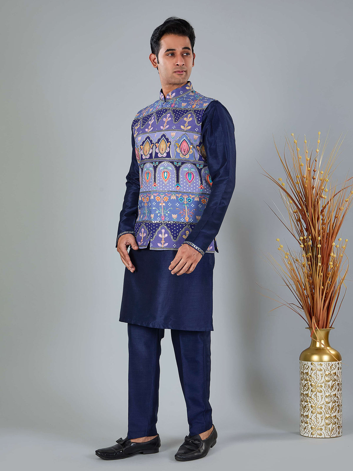 Navy blue printed silk and viscose waistcoat set