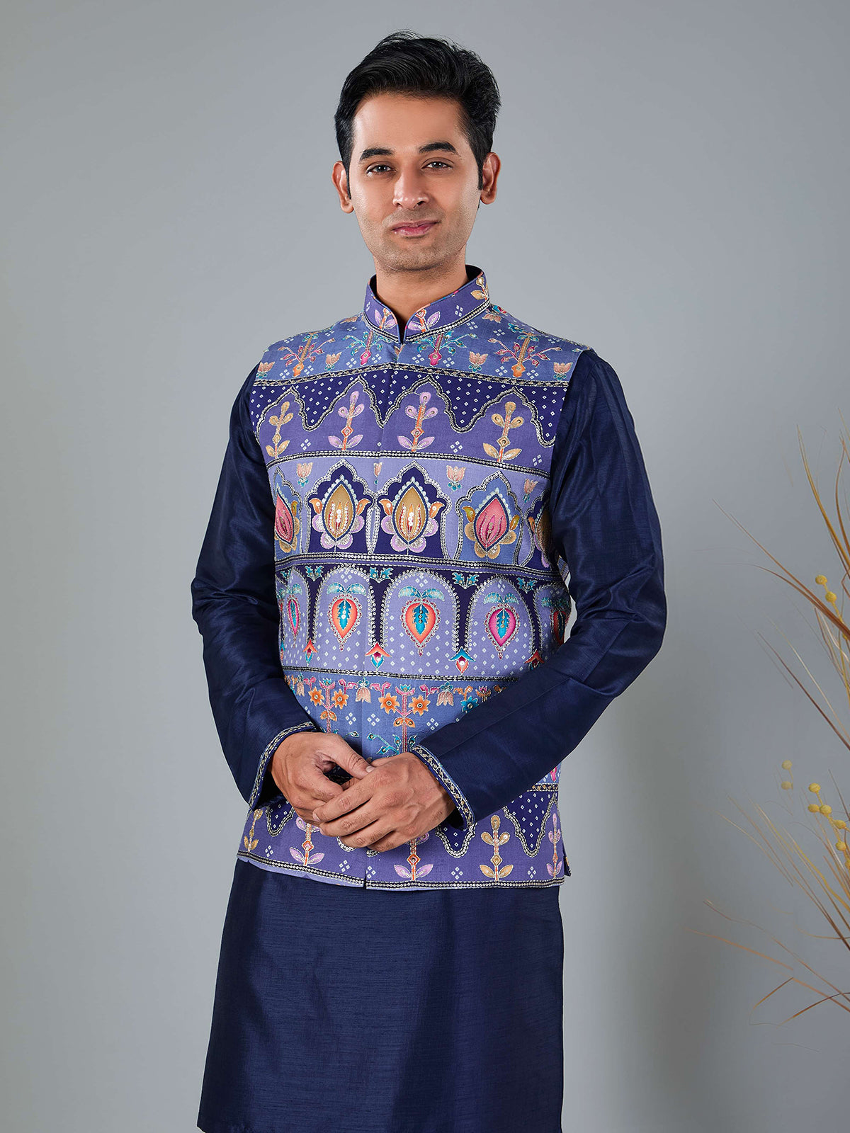 Navy blue printed silk and viscose waistcoat set