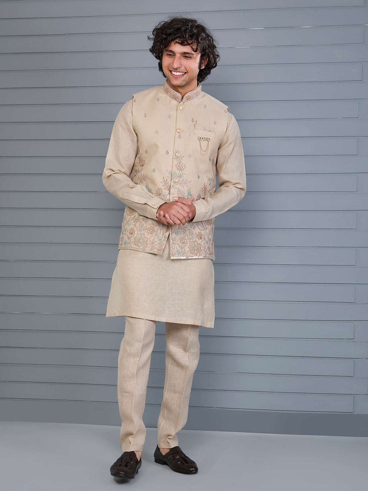 Beige silk embroidered wedding waistcoat set