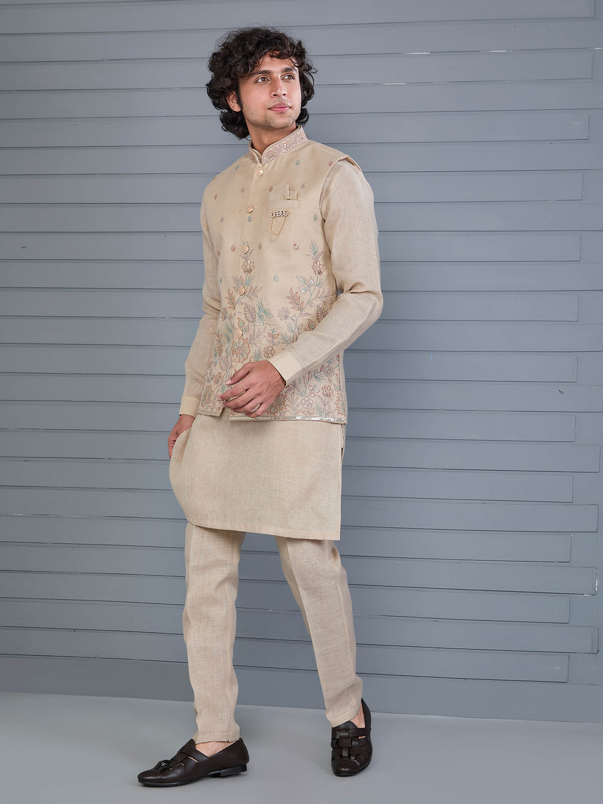 Beige silk embroidered wedding waistcoat set