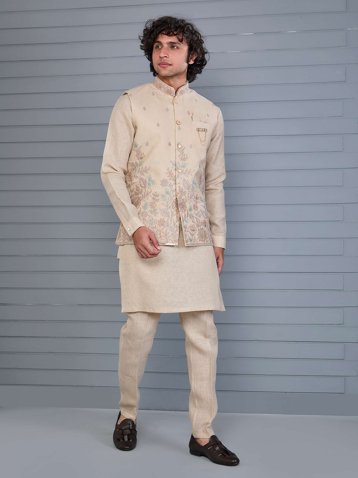 Beige silk embroidered wedding waistcoat set