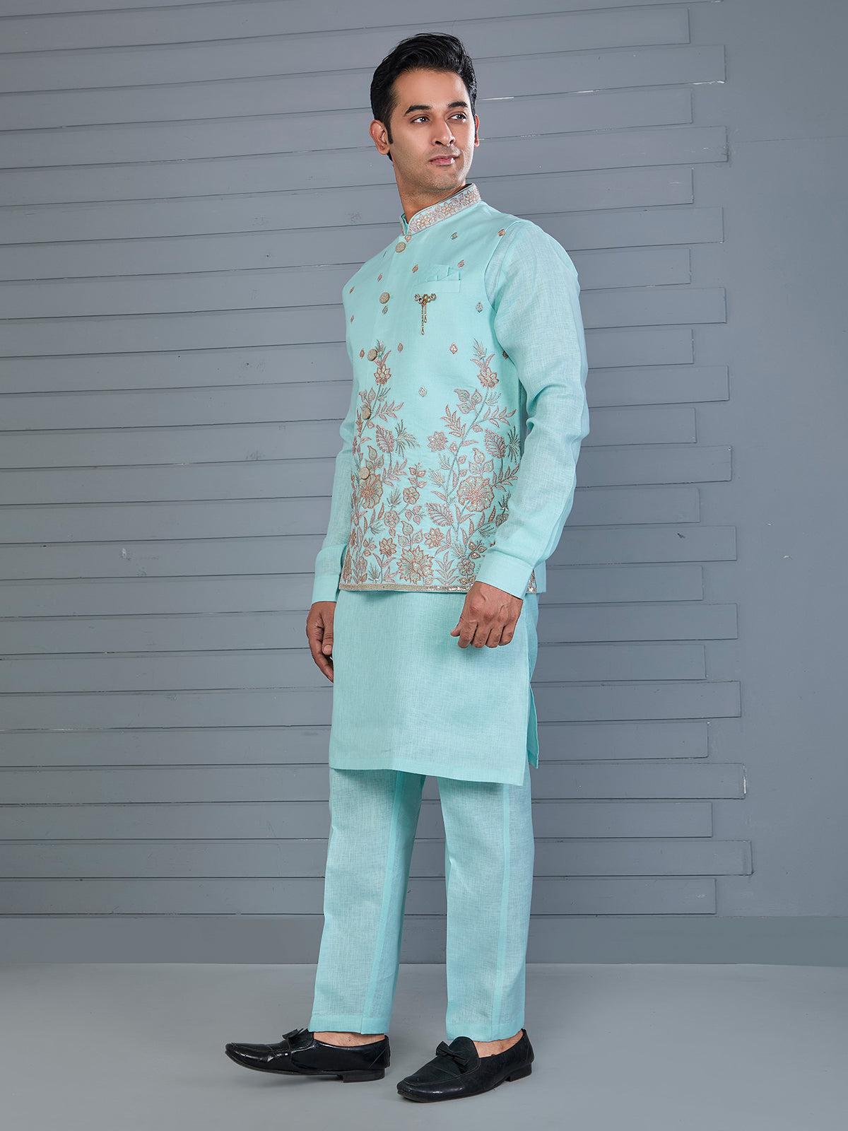 Mint blue linen embroidered work waistcoat set