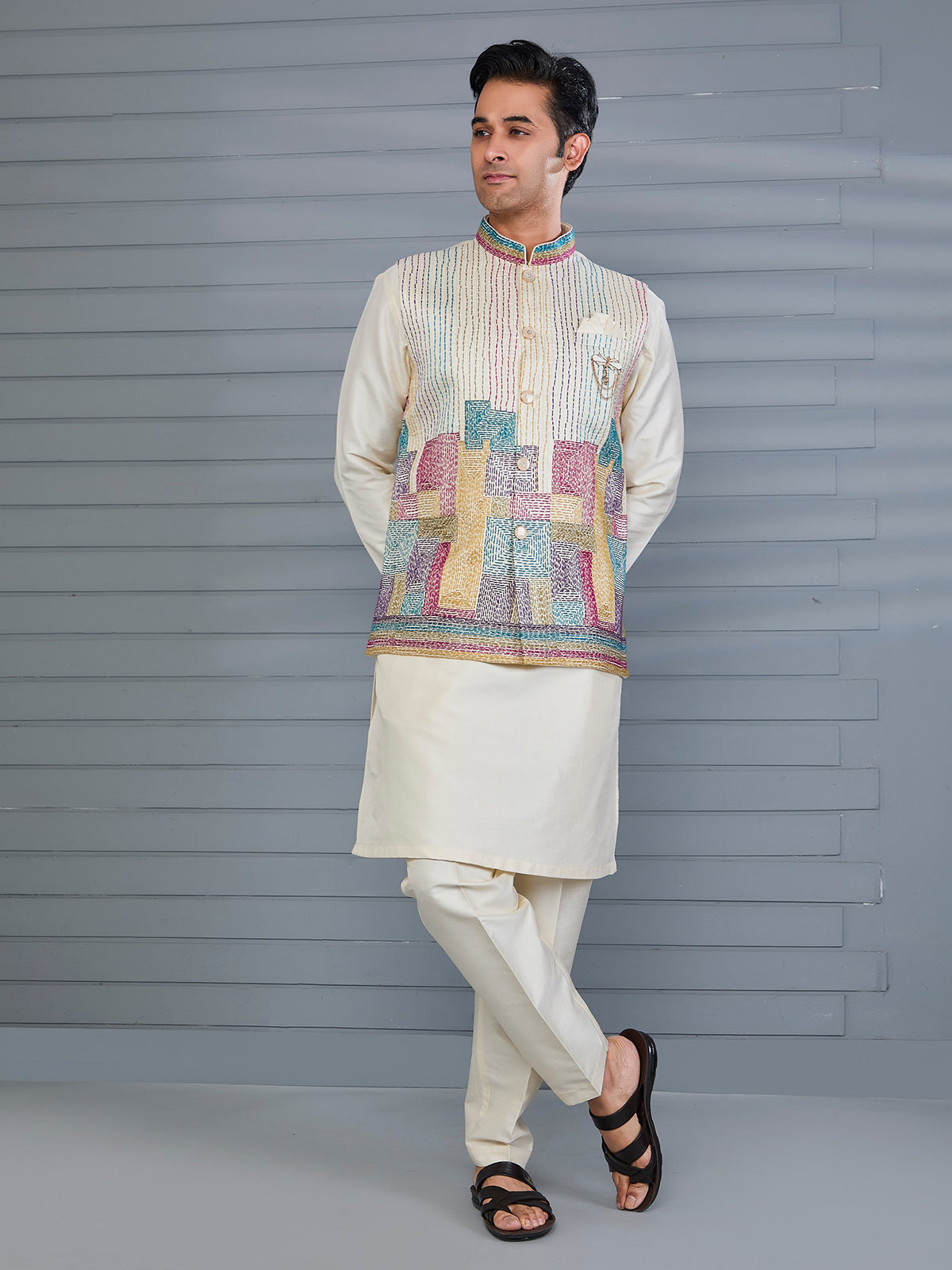 Cream silk thread work waistcoat set for wedding wear