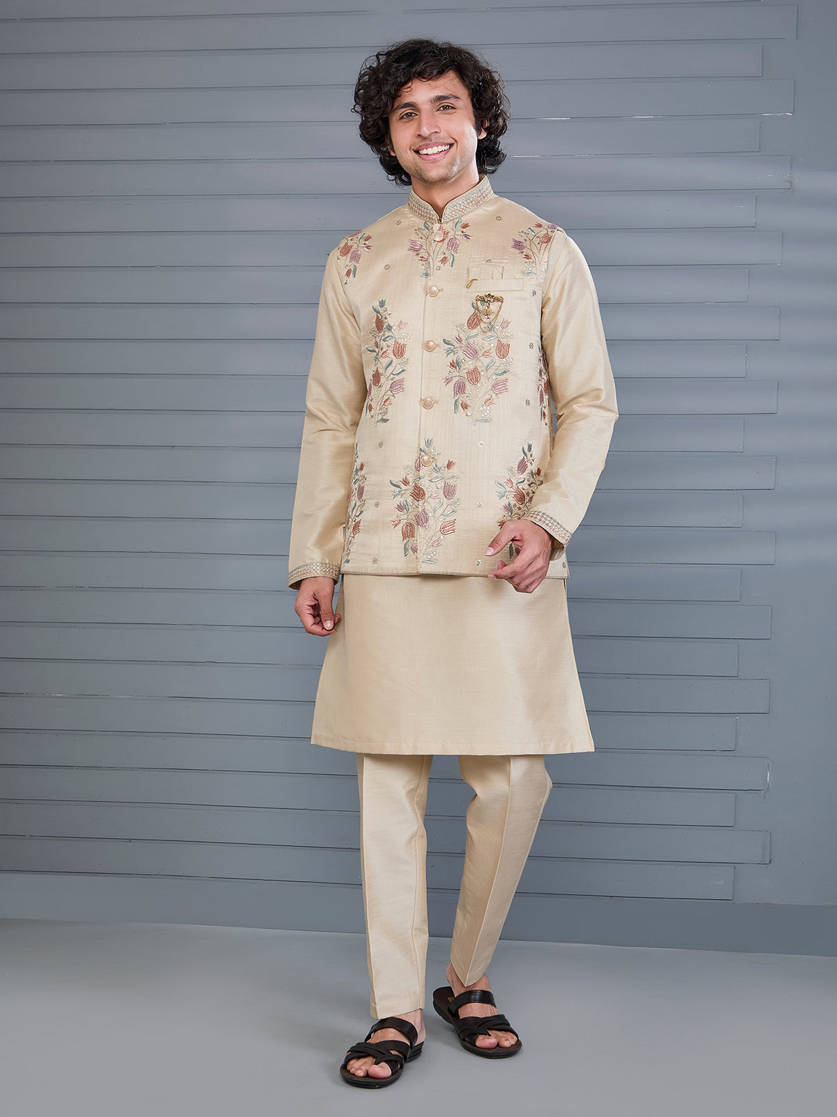 Beige silk embroidered festive waistcoat set