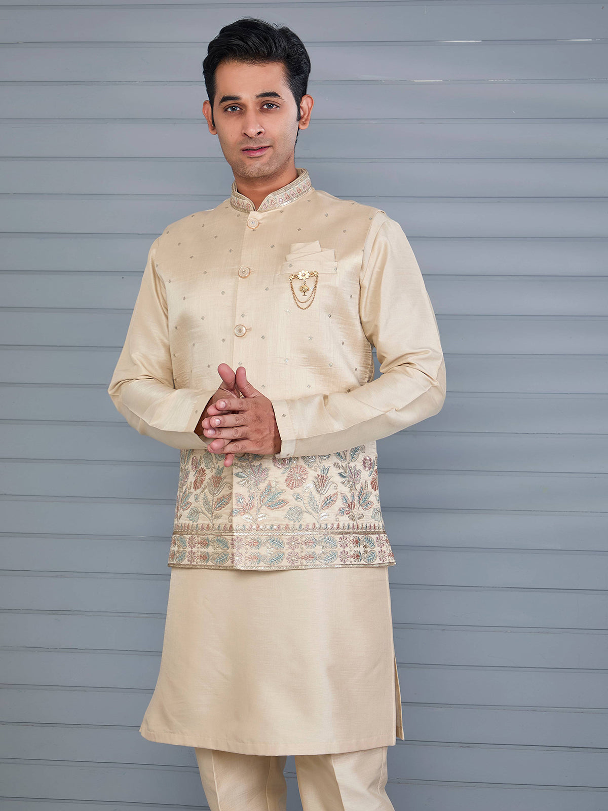 Classic beige silk wedding wear waistcoat set